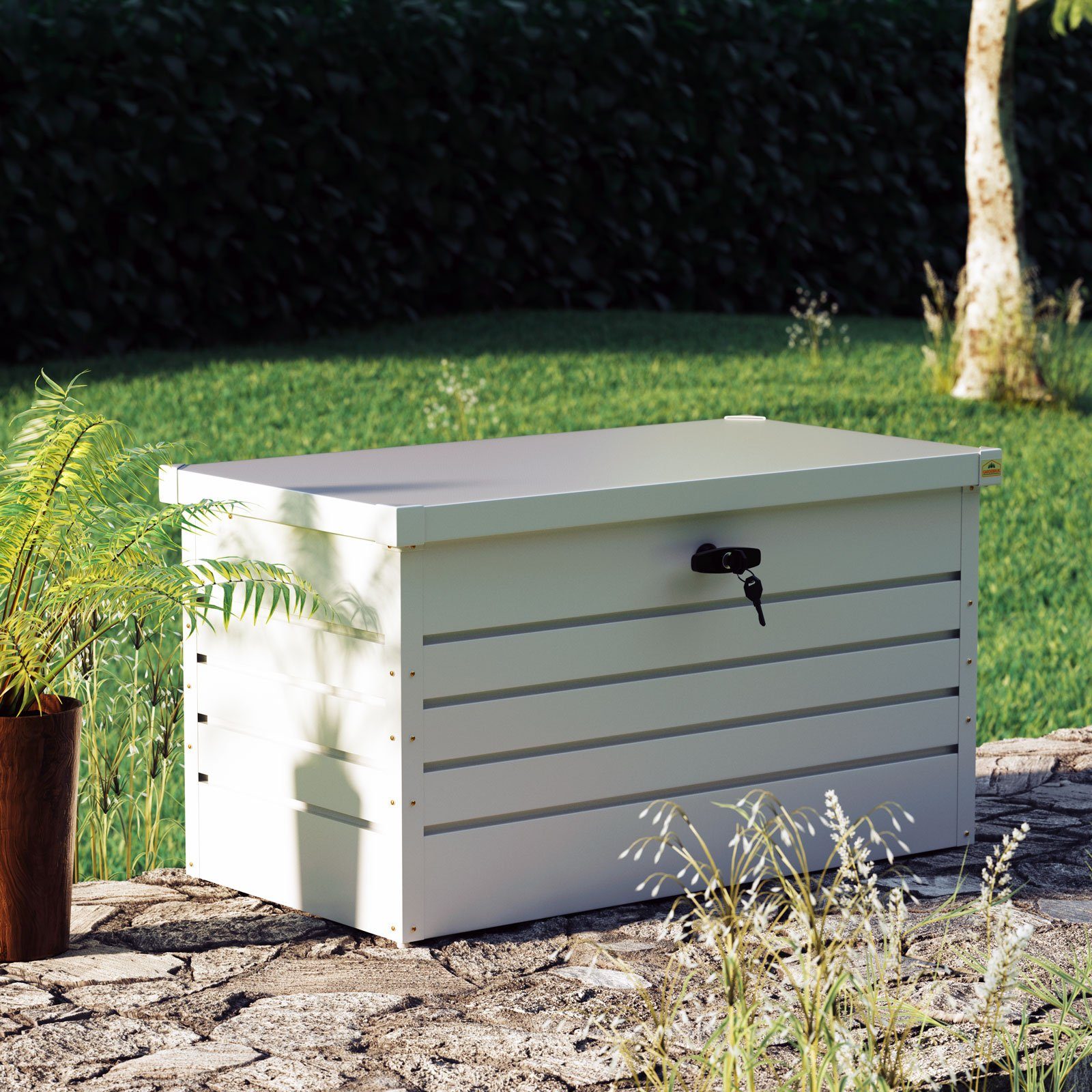 Gardebruk Auflagenbox, Auflagenbox 360L abschließbar Gasdruckfeder Kissenbox  Gartentruhe Gerätebox Garten Aufbewahrungsbox Weiß