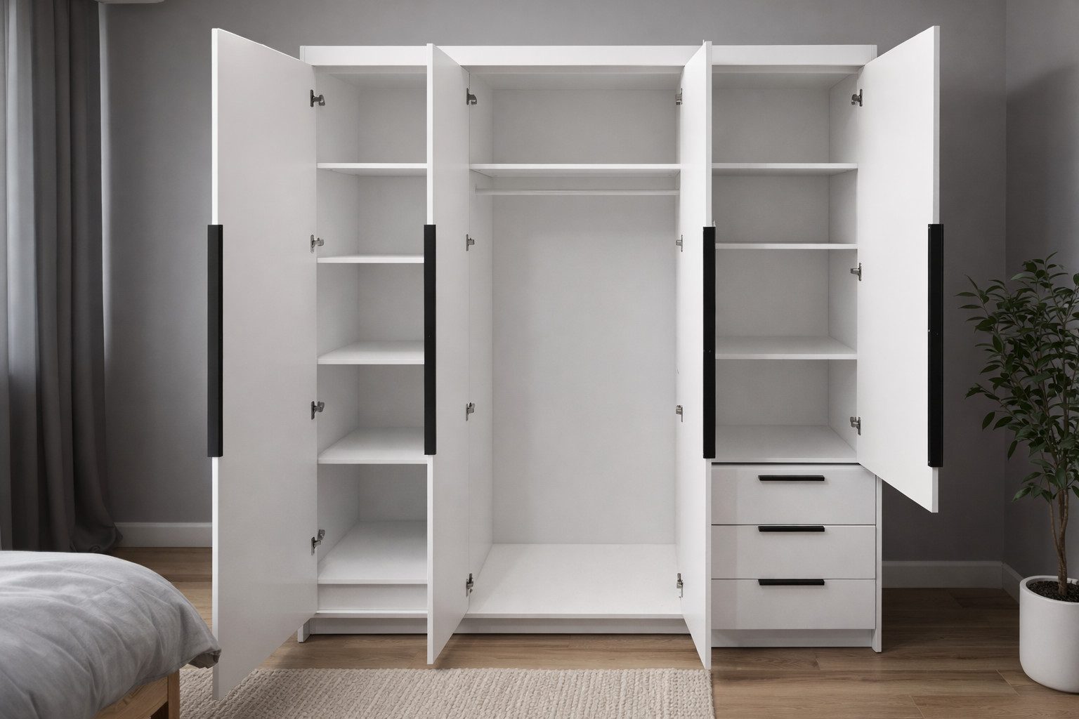 A&J MöbelLand GmbH Drehtürenschrank viertüriger Kleiderschrank mit Schubladen und Metallgriffen. (Geräumiger vier¬türiger Kleiderschrank mit Schubladen und Meta – Bild 5 von 5