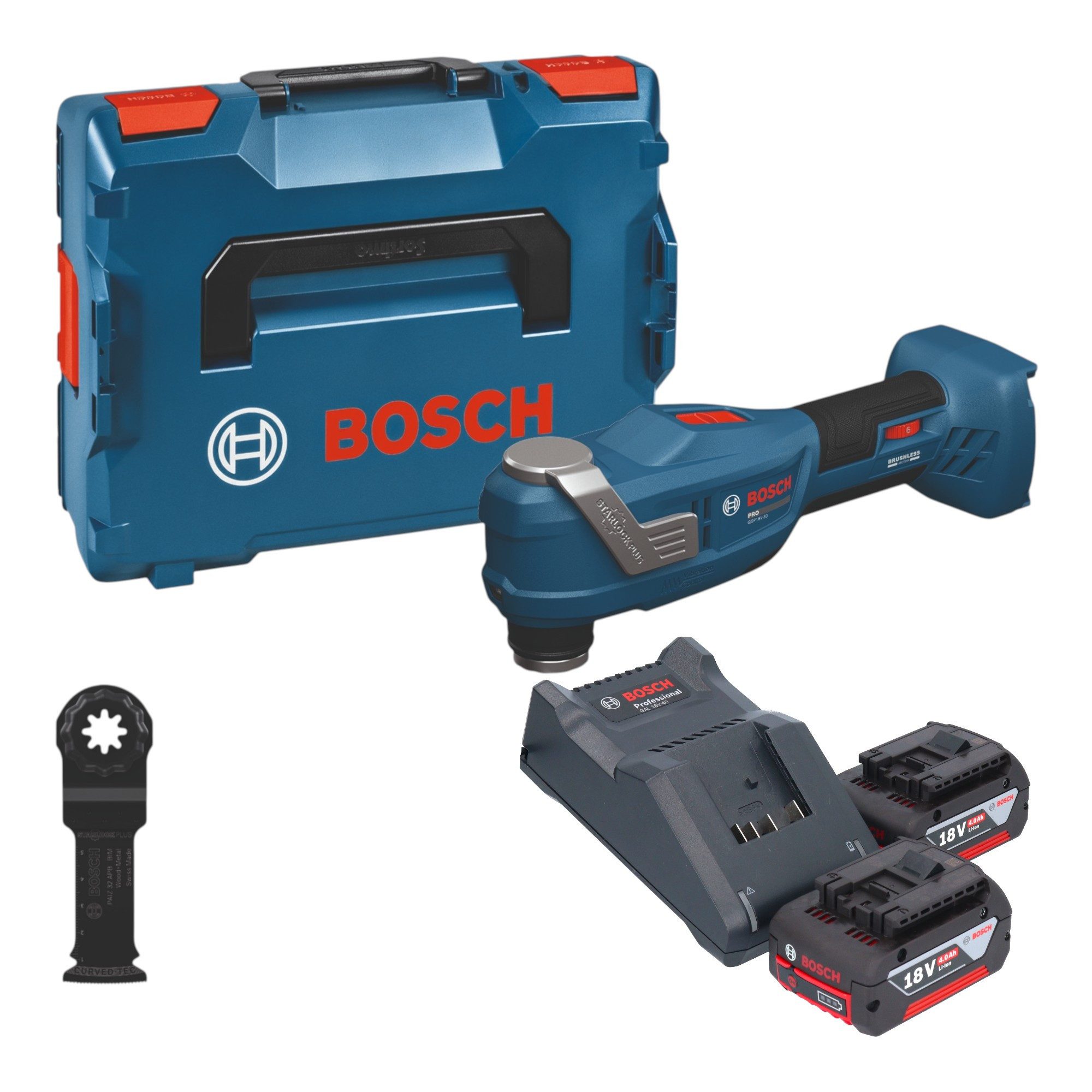 Bosch Professional Akku-Multifunktionswerkzeug GOP 18V-30 Multifunktionswerkzeug 18V + 2x Akku 4,0Ah + Lader + L-Boxx