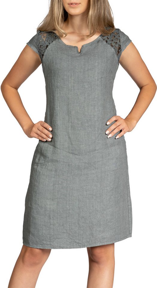 Caspar Sommerkleid SKL042 Damen Sommer Leinenkleid mit dezentem Spitzeneinsatz Luftig leicht, figurumspielende Form, mit seitlichem Jersey-Einsatz