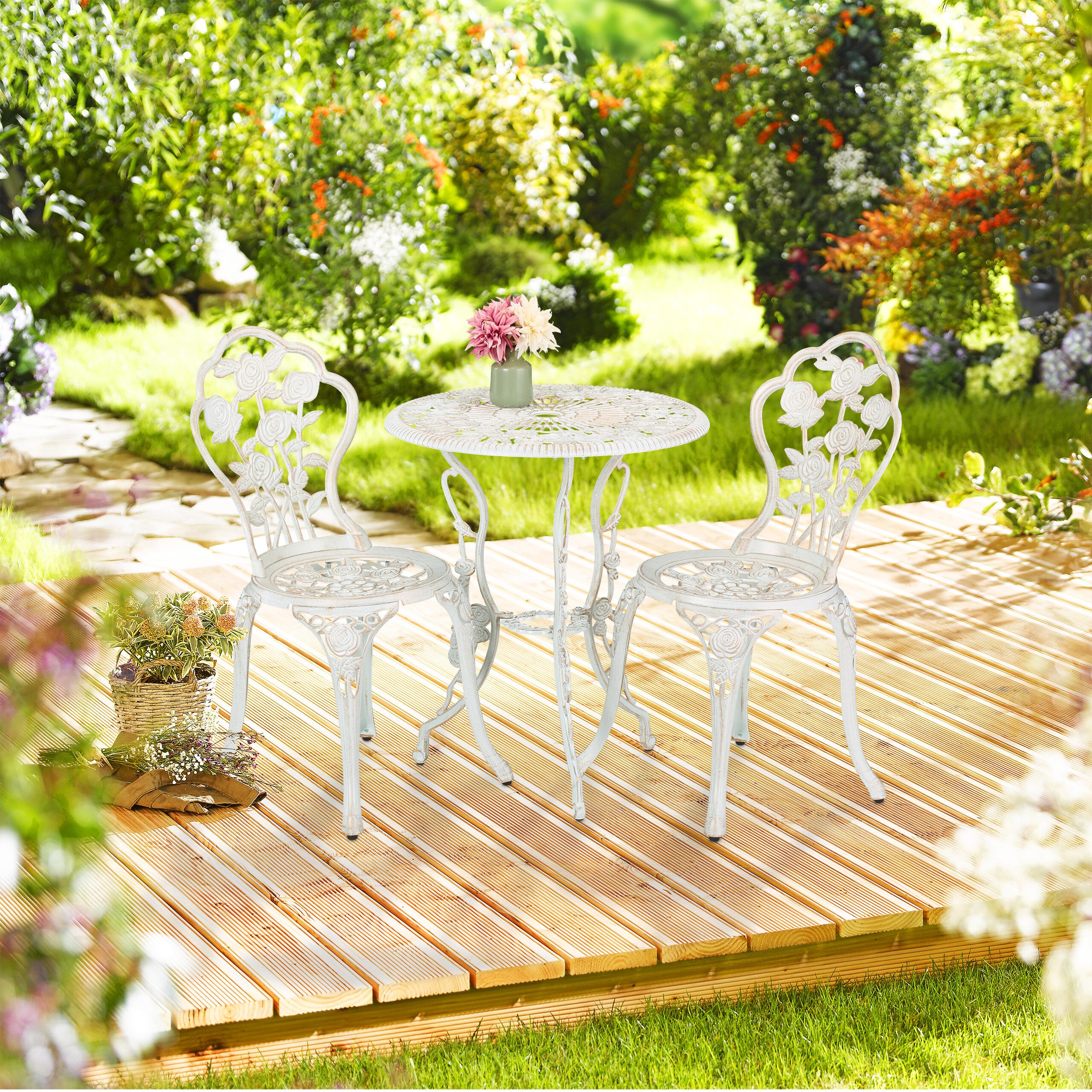relaxdays Balkonset 3-teiliges Gartenmöbel Set, (1 Tisch, 2 Stühle), Weiß-Bronze