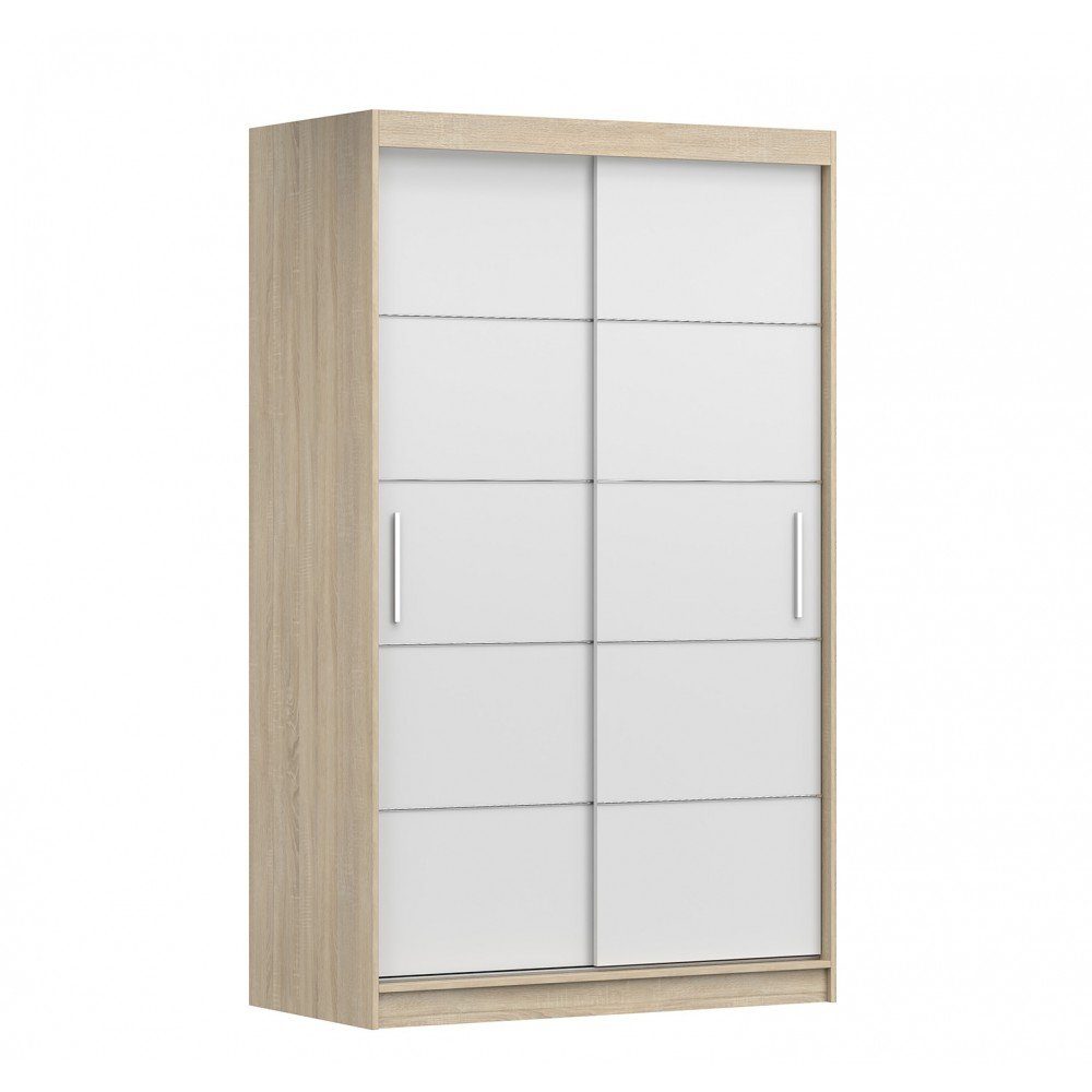 MOEBLO Kleiderschrank NOAH 06 (mit dekorativen Elementen aus Aiminium, Schwebetürenschrank 2-türig Schrank, Gaderobe mit vielen Einlegeböden und Kleiderstange), (BxHxT): 120x200x61 cm Sonoma + Weiß