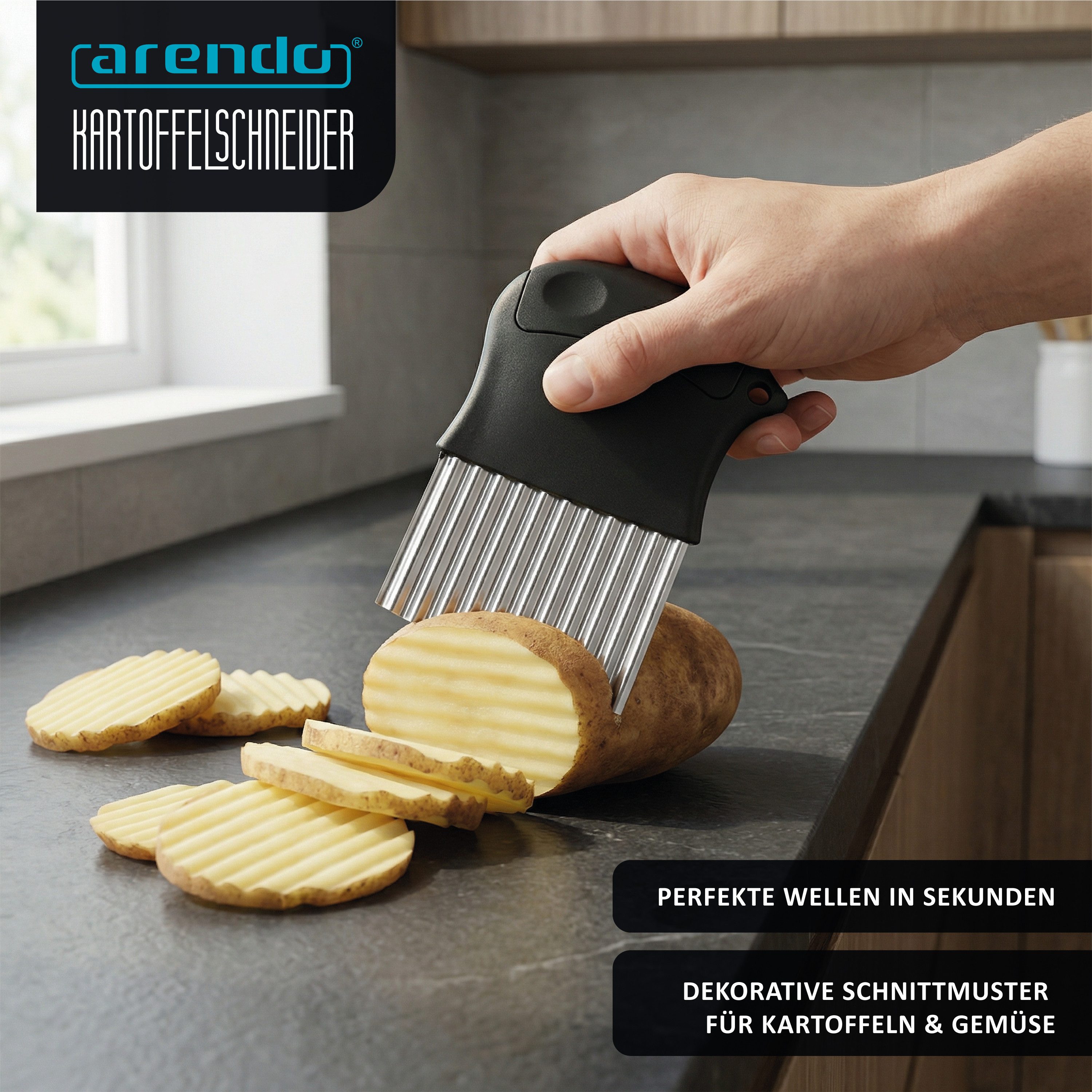 Arendo Multireibe Wellenschneider mit Kartoffelschäler, Edelstahl Kartoffelschneider, Edelstahl, 2in1, spülmaschinengeeignet, Wellenmesser, Gemüsemesser, Riffelmesser