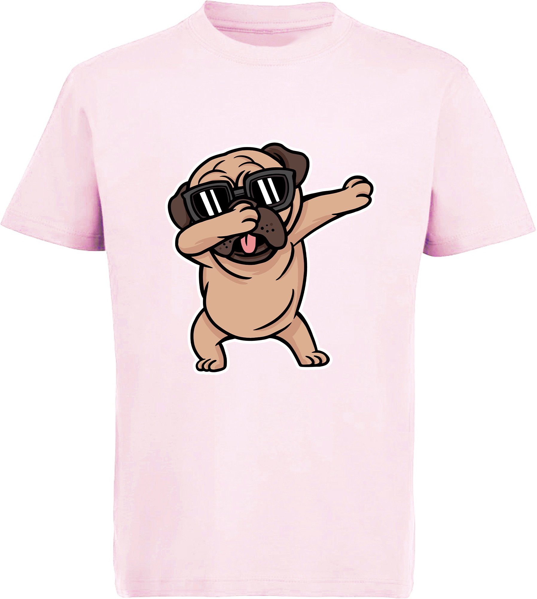 MyDesign24 T-Shirt tanzender Baumwollshirt - Kinder Hunde dab Hund bedruckt i238 rosa Aufdruck, Print-Shirt mit