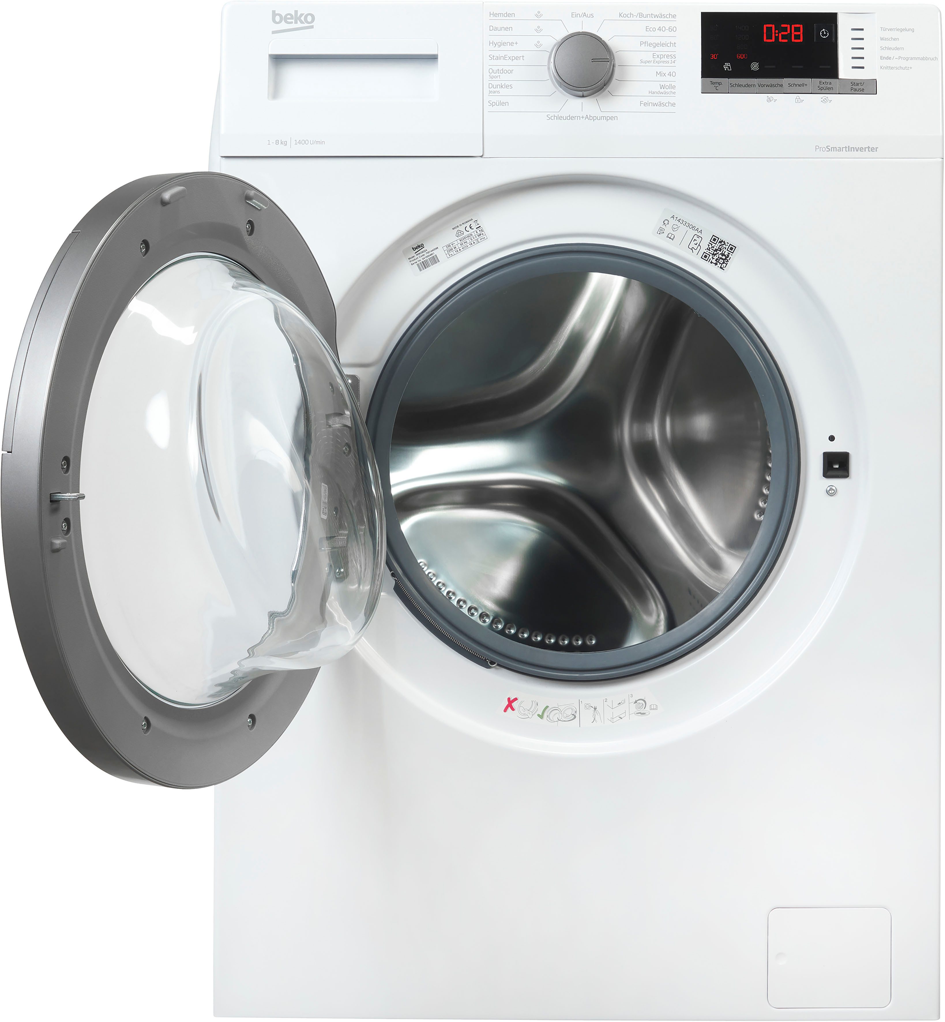 BEKO Waschmaschine WMO822A 7001440096, 8 kg, 1400 U/min, Dank SteamCure beseitigt Dampf Flecken und reduziert Falten