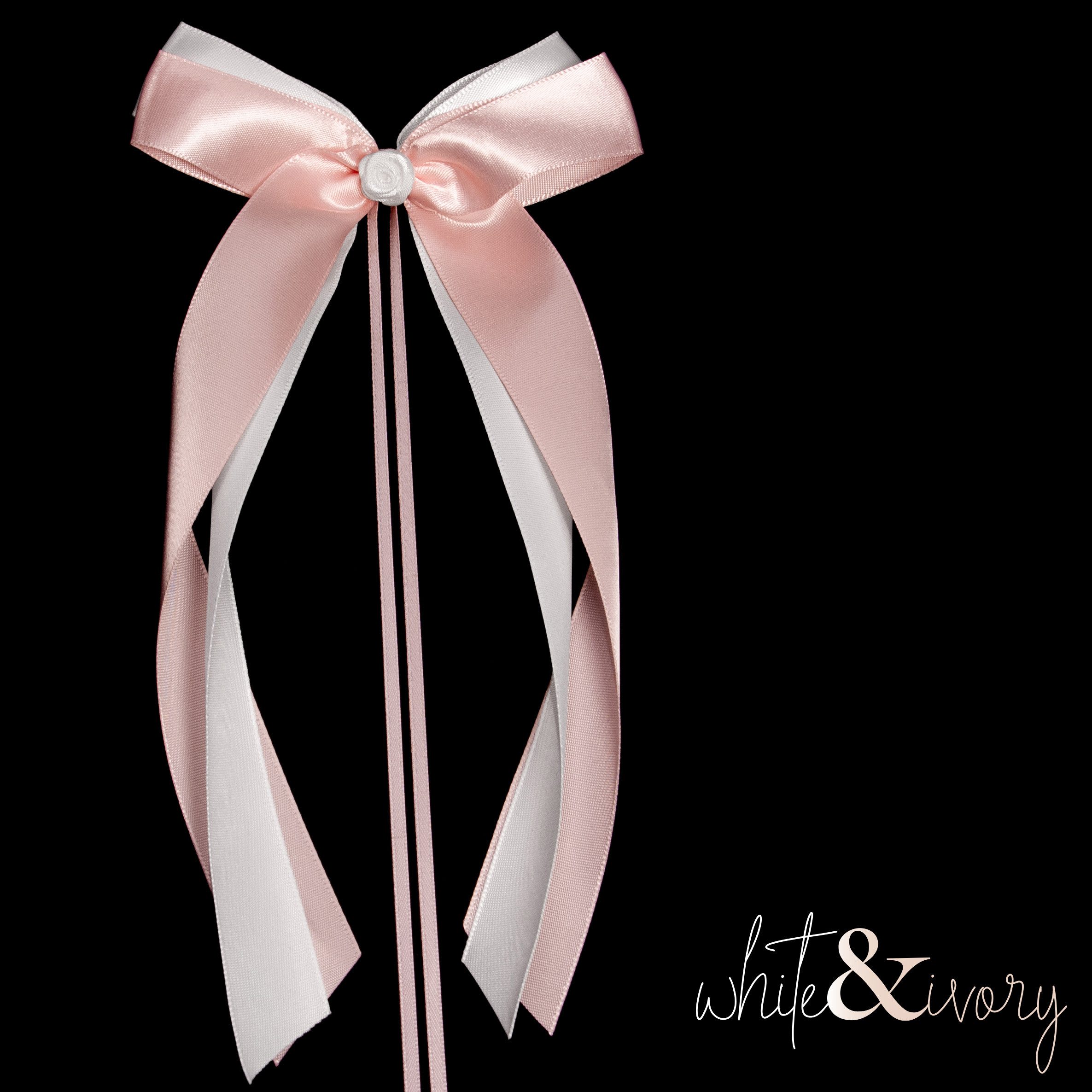 white & ivory Dekoobjekt Autoschleifen Hochzeit mit Rose + extra langem Befestigungsband (25 St)