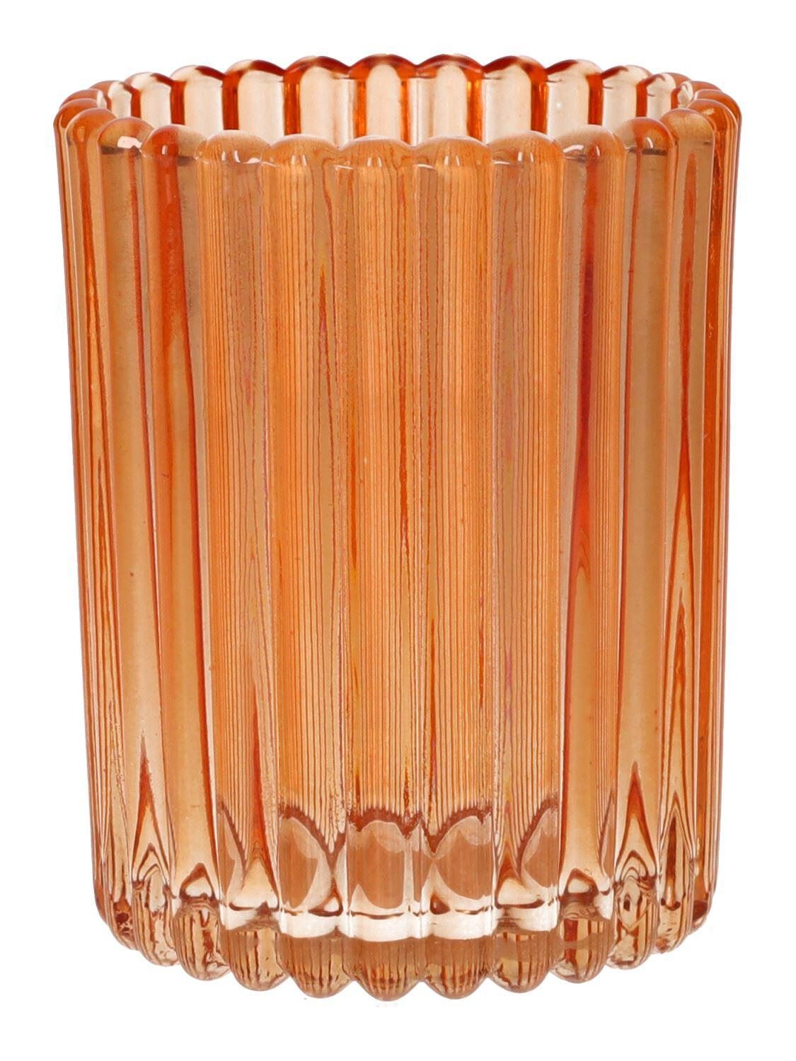 INNA-Glas Kerzenhalter Kerzenständer ELISABELLE, aus Glas, mit Rillen, pfirsich, 10cm, Ø7,8cm