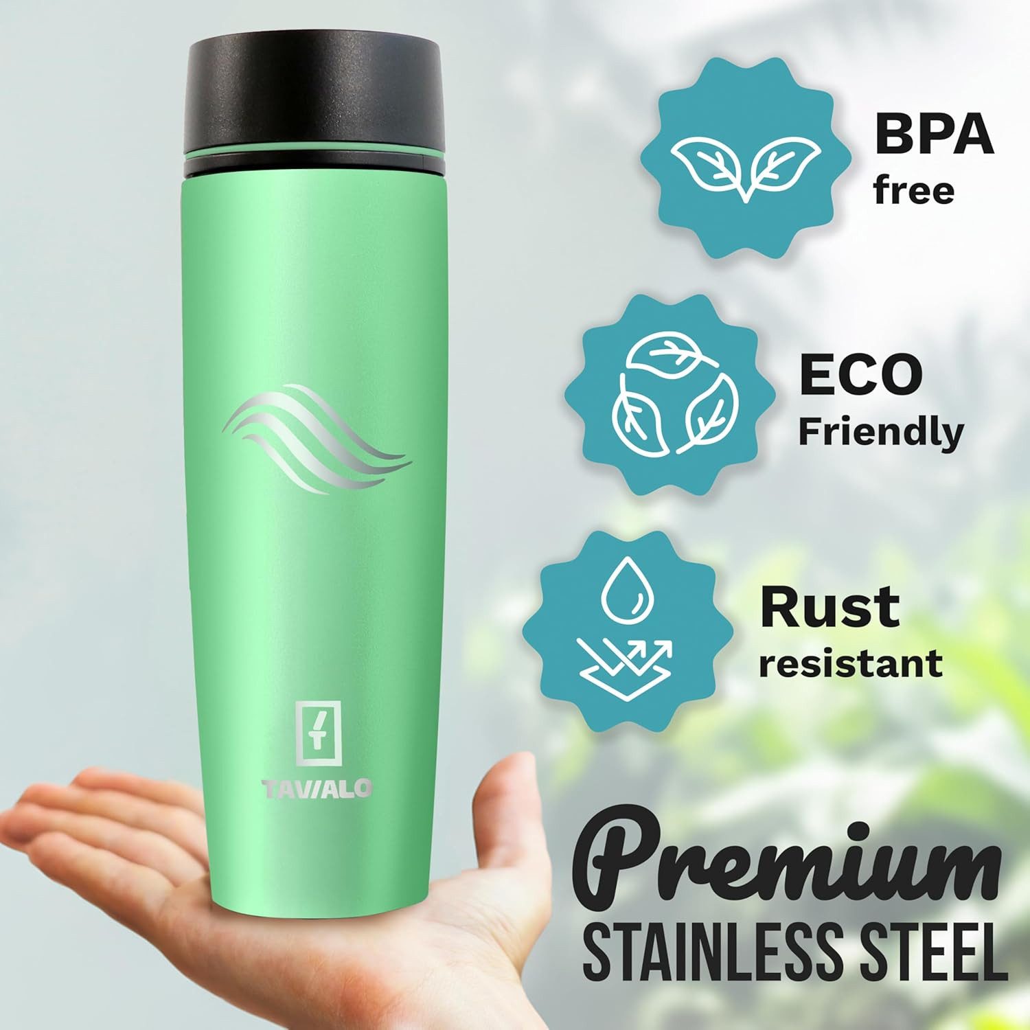 TAVIALO Isolierflasche 460ml mintgrün matt Inox Edelstahl, Pulverbeschichtung, Kaffeebecher, ideal für Reisen, Schule, Camping, Wanderungen, beim Sport