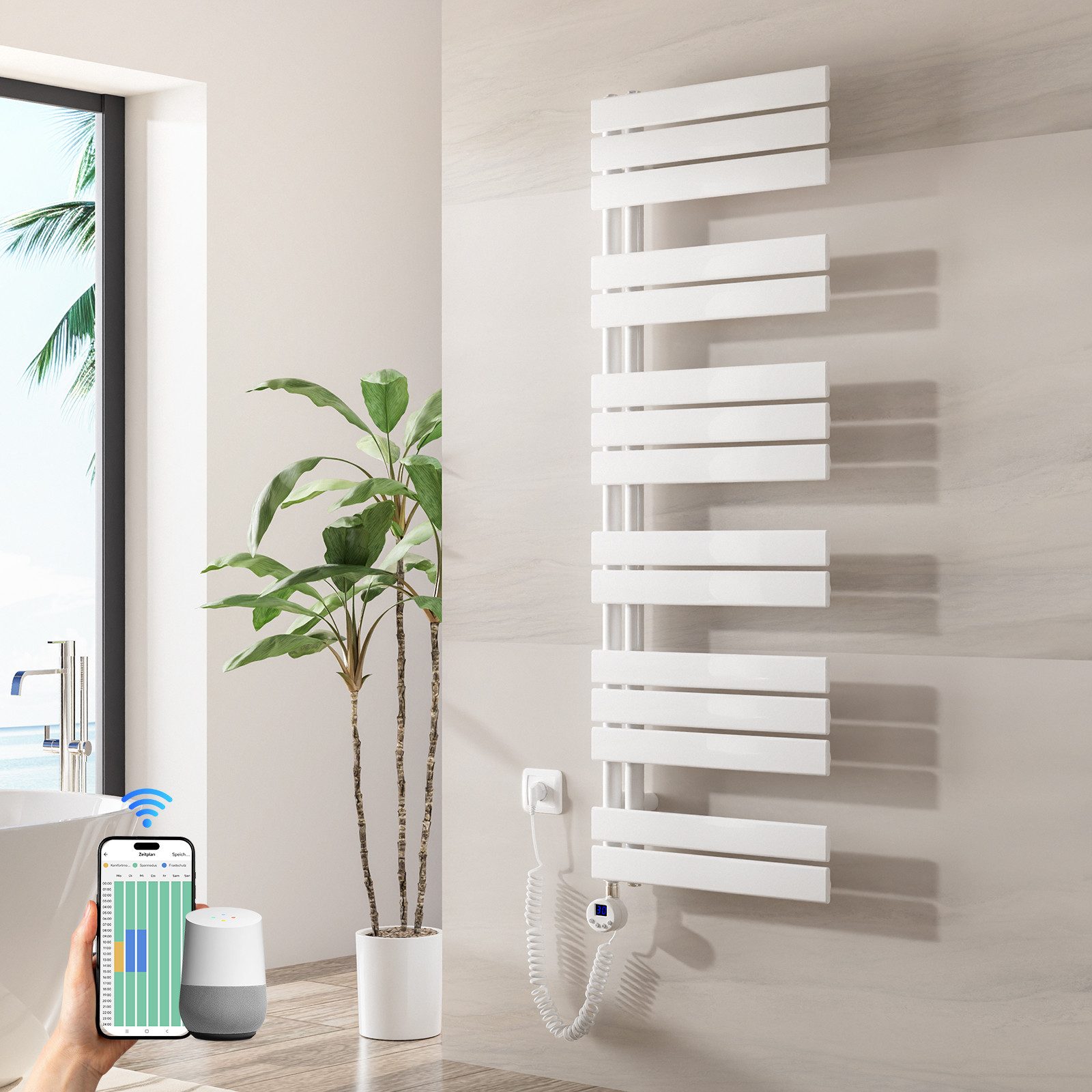 Heilmetz Elektrischer Badheizkörper 138,5 x 50 cm, 800W, mit WLAN Heizstab, Asymmetrisch Design, Weiß Handtuchwärmer mit Smart App/Sprachsteuerung