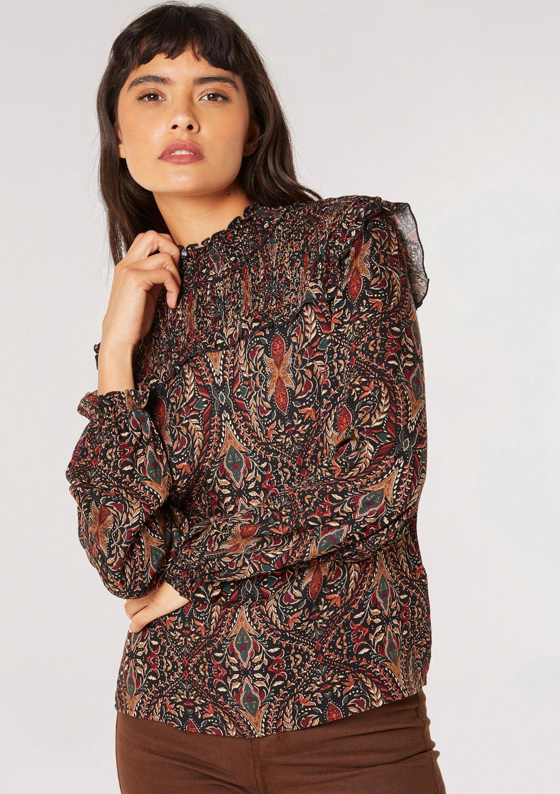 Apricot Blusentop Paisley Long Sleeve Ruffle Top (1-tlg) mit Rüschen schwarz mehrfarbig