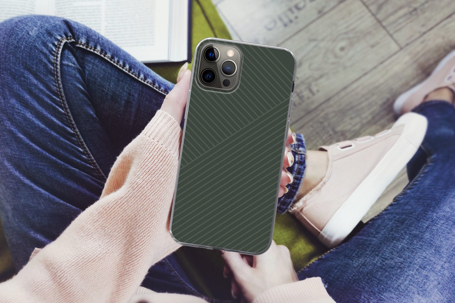MuchoWow Handyhülle für Apple iPhone 12 Pro Linien - Abstrakt - Grün - Minimalistisch, Smartphone-Bumper, Print, Handy Schutzhülle Dünn