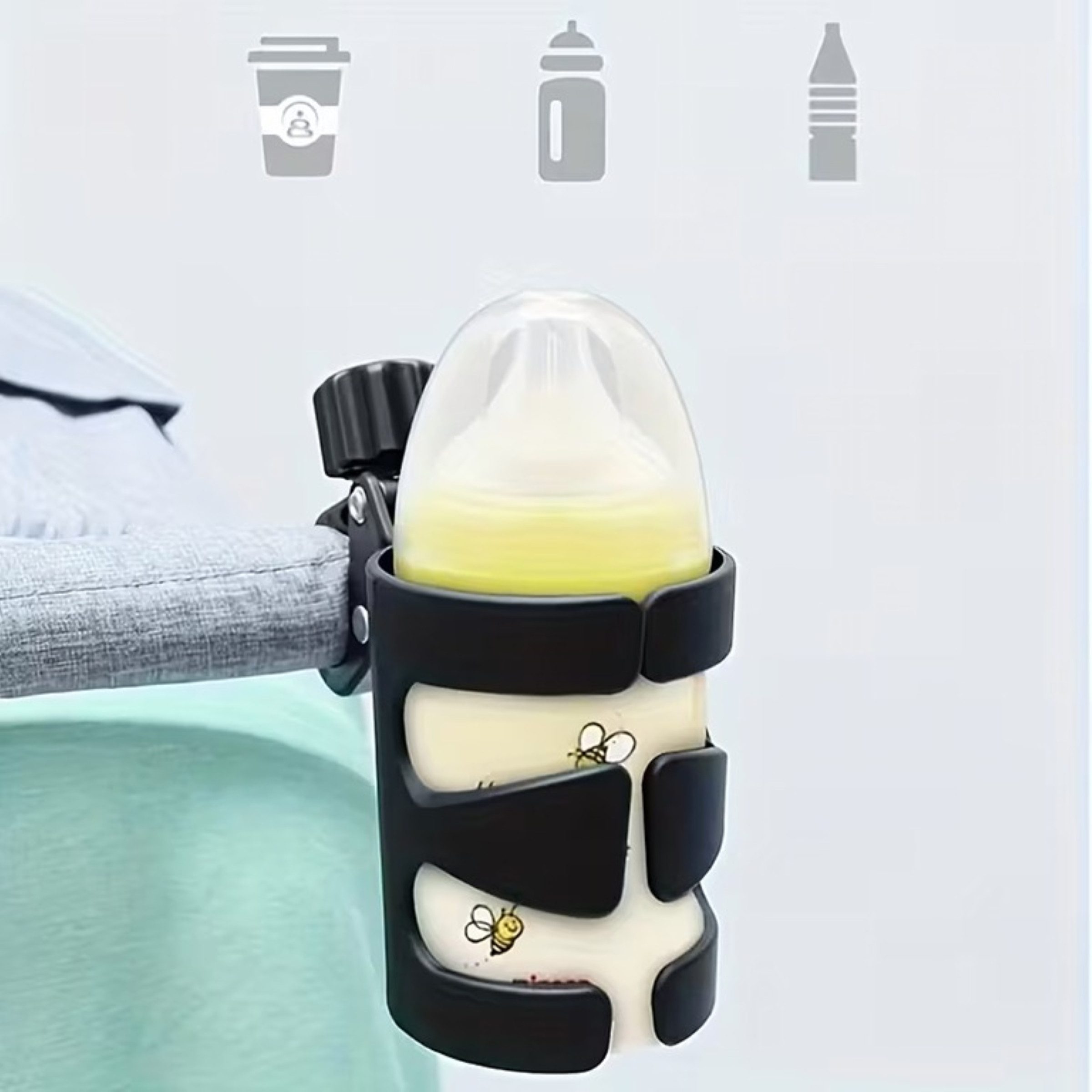 Realb2b Fahrrad-Flaschenhalter Fahrrad-Flaschenhalter Universal Getränkehalter Kinderwagen Schwarz, (Getränkehalter Set mit verstellbarem Drehgelenk für Rohrbefestigung, Universal Halterung für Trinkflaschen Becher und Kaffeebecher 1tlg), Werkzeuglose Montage und stabiler Halt an Lenker oder Kinderwagen