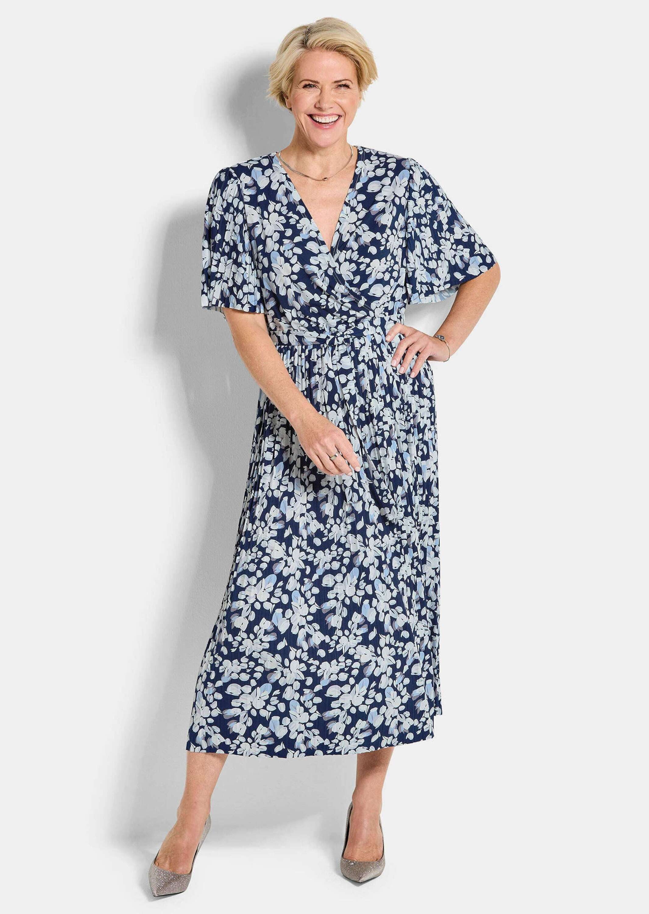 GOLDNER Sommerkleid Wickelkleid mit floralem Design Jerseykleid mit V-Ausschnitt, Bindeband, Wadenlänge und Halbarm