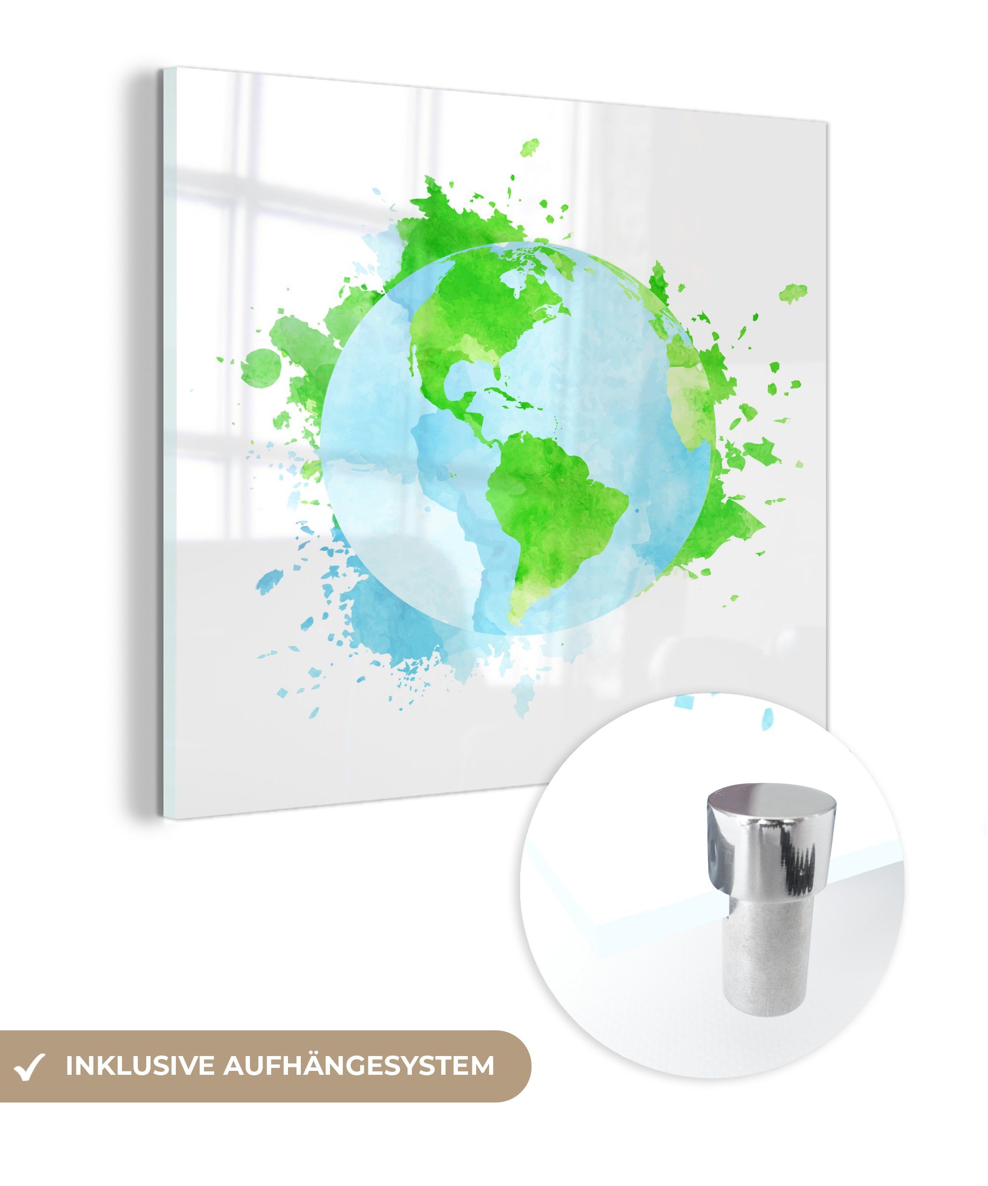(1 Acrylglasbild Illustration Wandbild Foto MuchoWow Glas auf Weltkugel, - St), - spritzende Bilder Glas Glasbilder Wanddekoration - auf