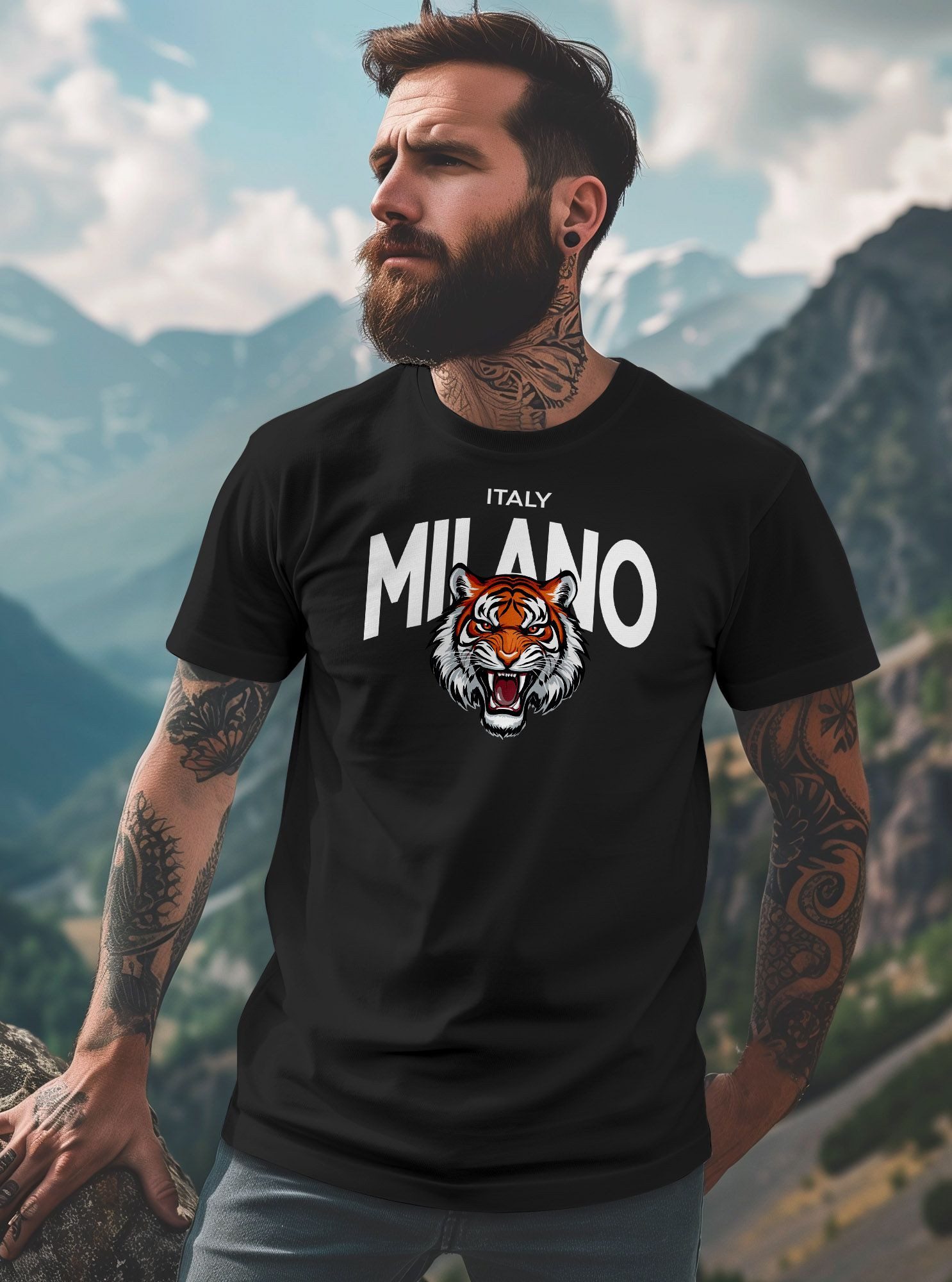 Neverless Print-Shirt Herren T-Shirt Tiger Frontprint Aufdruck Milano Mailand Italy Fashion mit Print