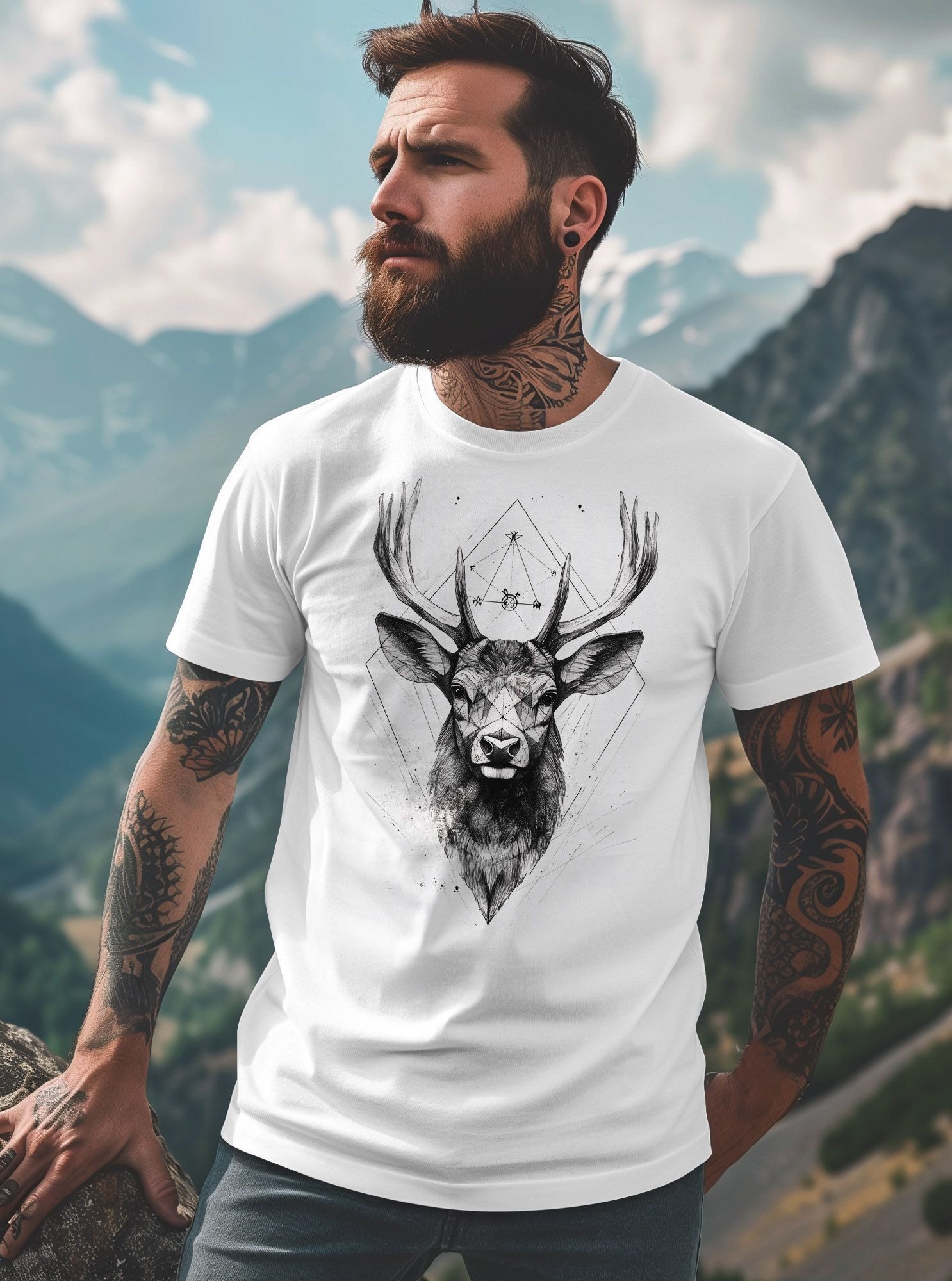 Neverless Print-Shirt Herren T-Shirt Hirsch Trachtenshirt Tiermotiv WildTier Abstrakt mit Print – Bild 3 von 4