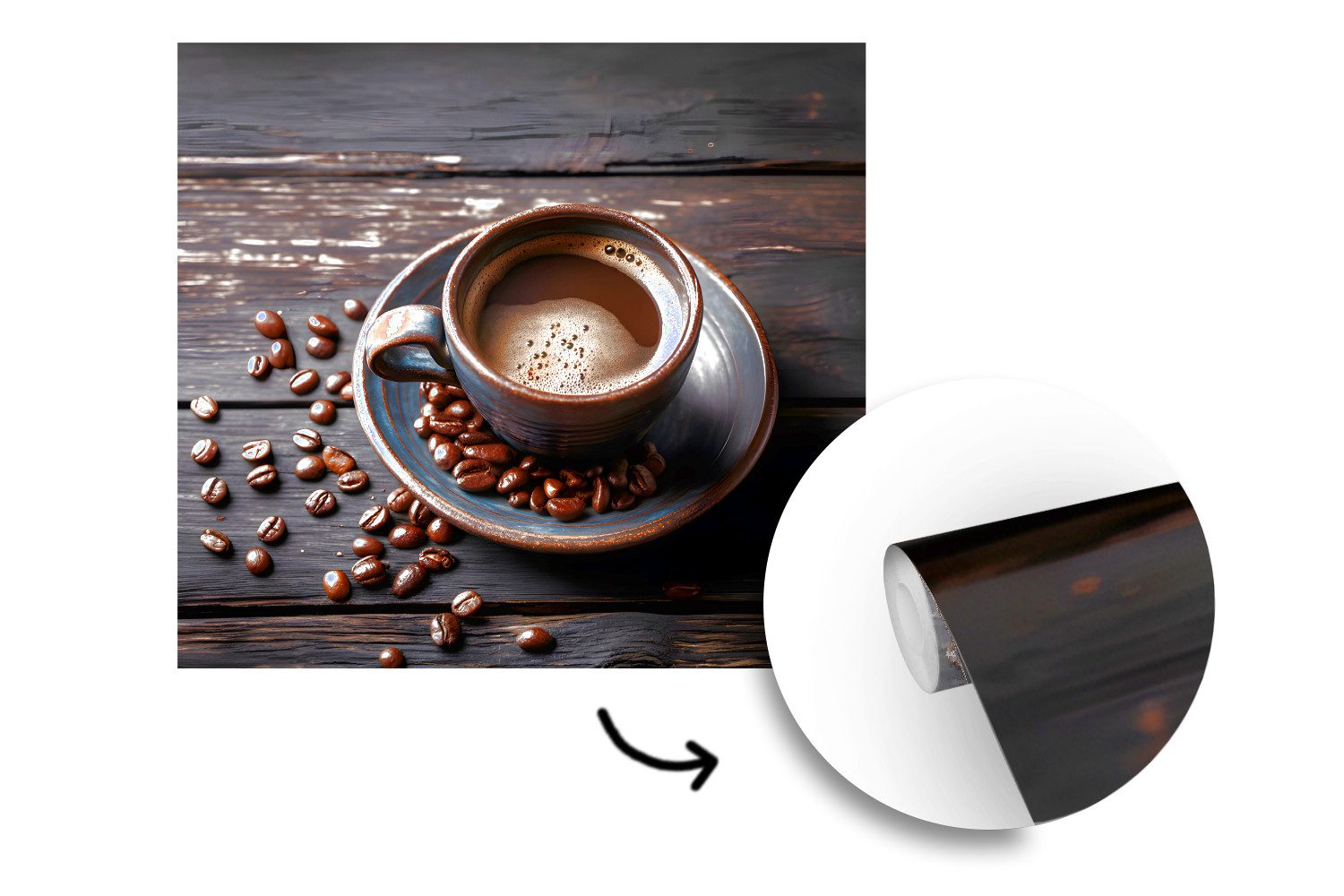 MuchoWow Fototapete Tasse - Kaffee - Holz - Bohnen, Matt, bedruckt, Vliestapete für Wohnzimmer Schlafzimmer Küche, Fototapete, 220x220 cm