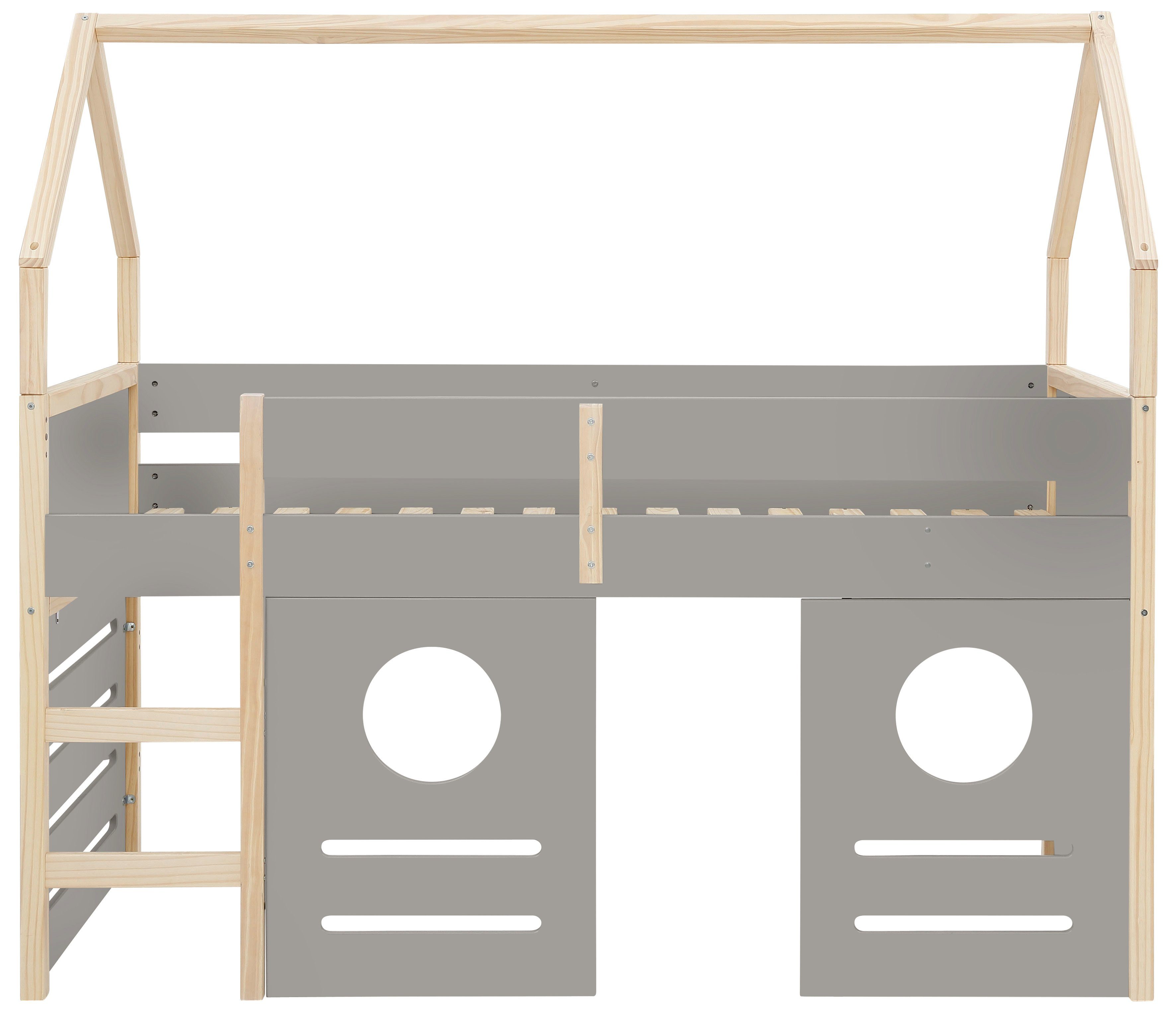 Lüttenhütt Hochbett Holzleiter, grau/natur Liegefläche Kiefernholz, 90x200 Einzelbett, cm inklusive Janne