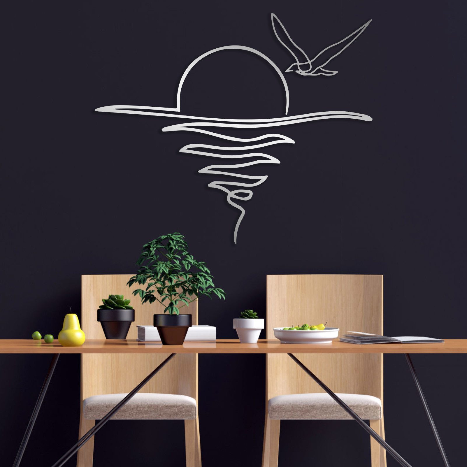 Jumpeak Wanddekoobjekt Sonnenaufgang Metall Wanddekoration,Möwe,Abstrakte Linien,Wasserwellen, Metall,4 Farben,3 Maße,Minimalismus,Ruhe,Strichkunst,Meer,Horizont