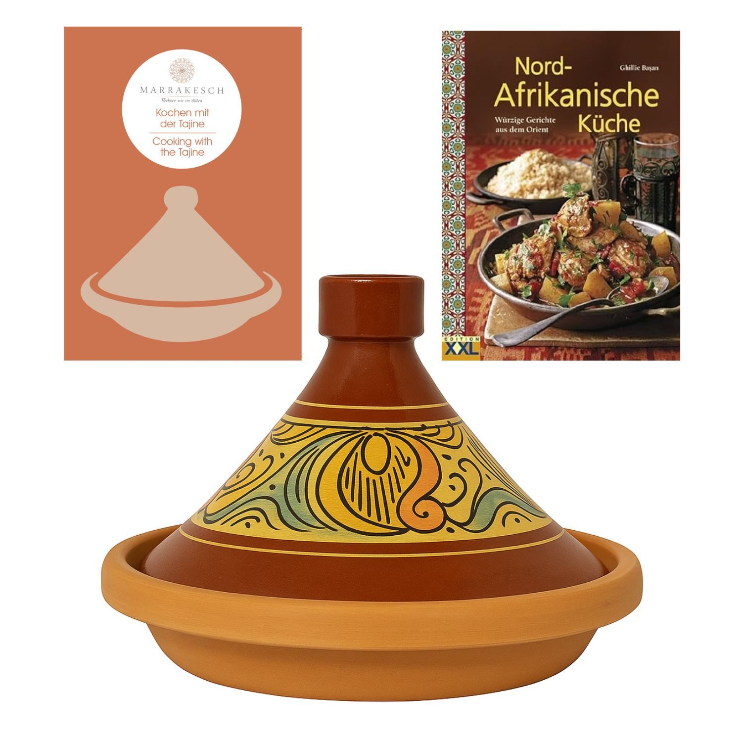 Marrakesch Orient & Mediterran Interior Dampfgartopf Tajine Shasha Ø31cm natur glasiert inkl. Nord Afrikanische Kochbuch, Lehm (1-tlg), Handarbeit
