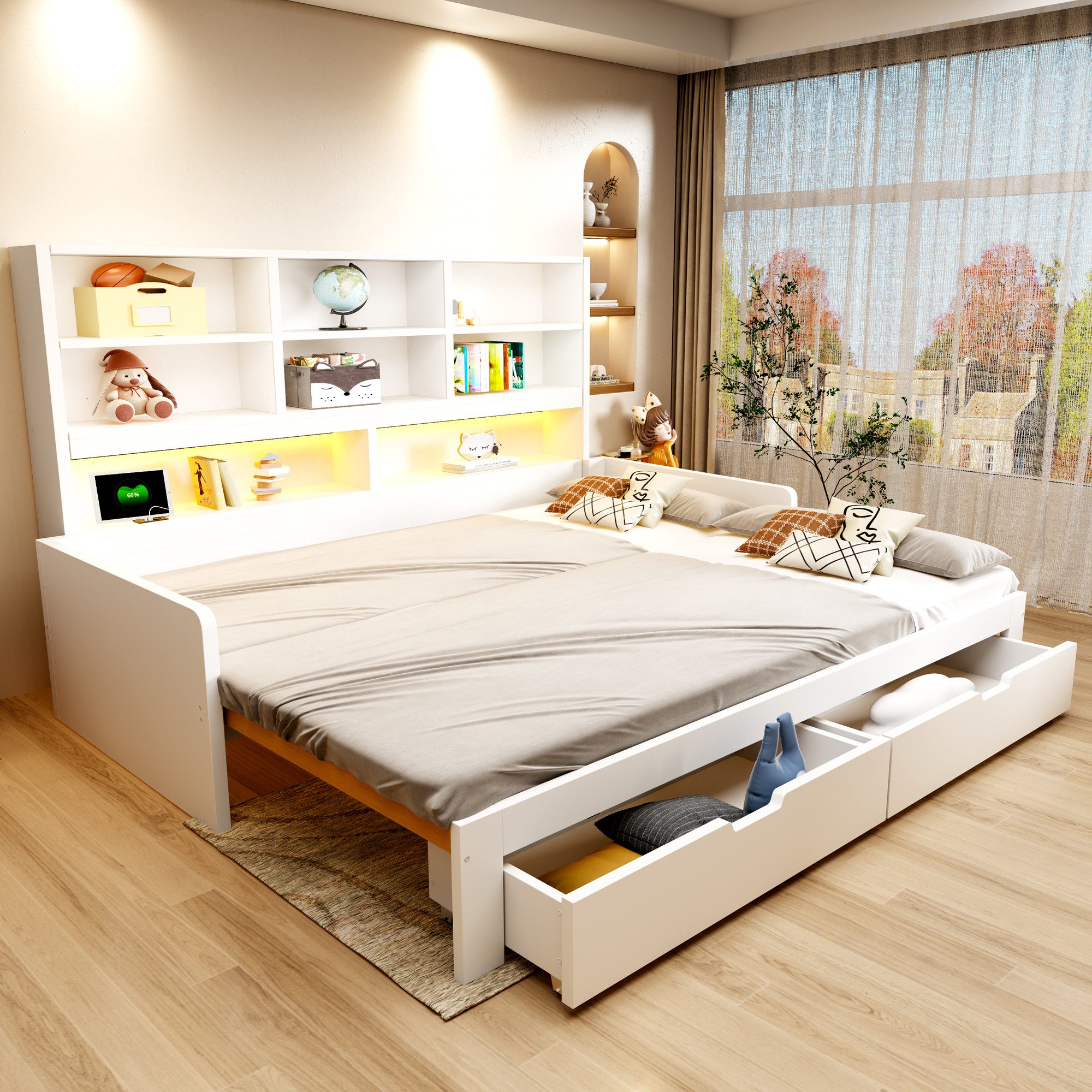 Flieks Holzbett, Kinderbett 90/180x200cm mit Ausziehbett, LED&Aufladen, vielem Stauraum