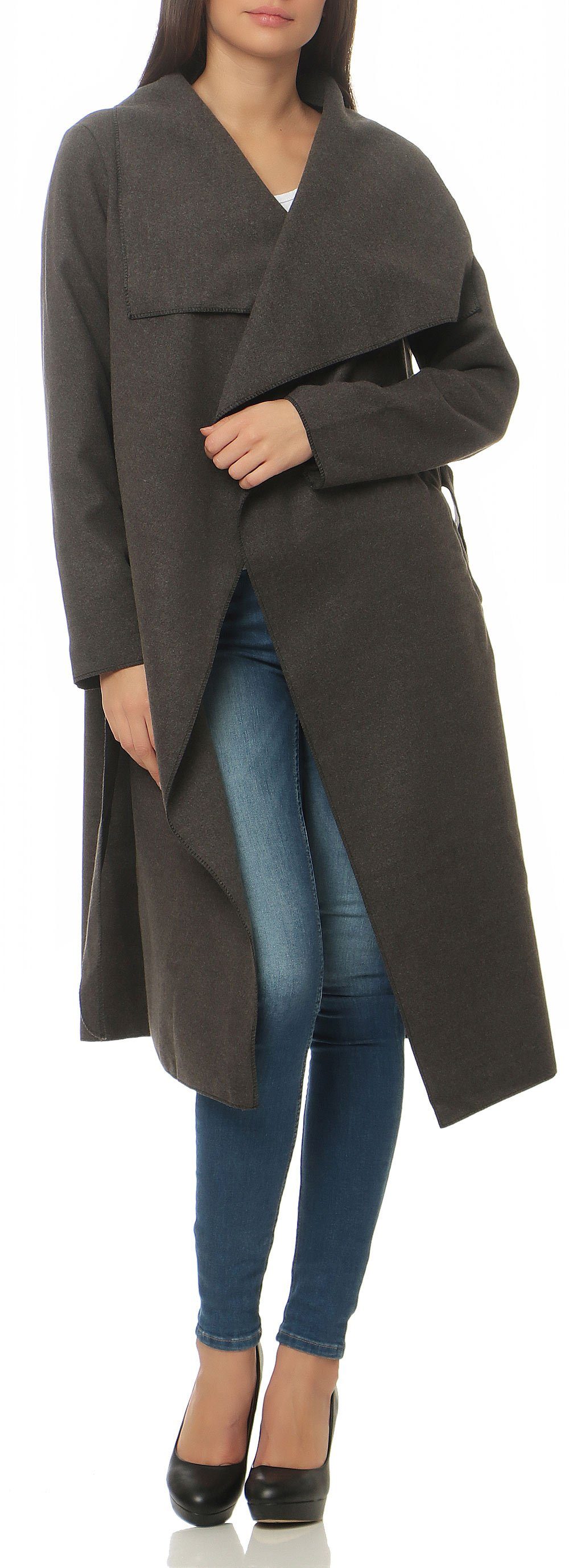 malito more than fashion Langmantel malito Damen Mantel lang mit Wasserfall-Schnitt, Trenchcoat mit Gürte langer Mantel im Wasserfall-Schnitt mit Bindegürtel Ei – Bild 3 von 5