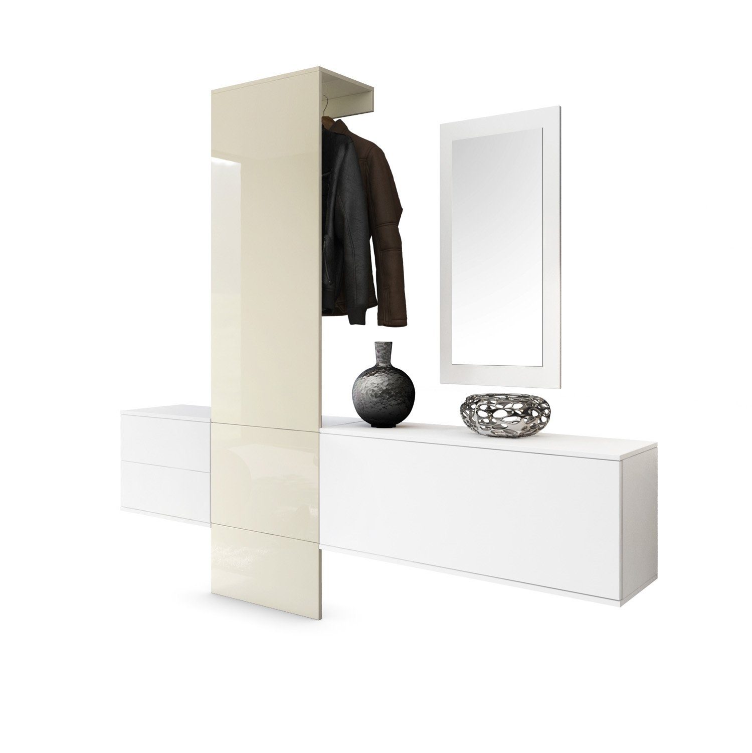 Vladon Garderoben-Set Carlton Set 1, (Wandgarderobe bestehend aus, 4-St., 1 Paneel, 1 Schubkastenschrank, 1 Schrankmodul und 1 Spiegel), Weiß matt/Creme Hochglanz (208 x 193 x 35 cm)