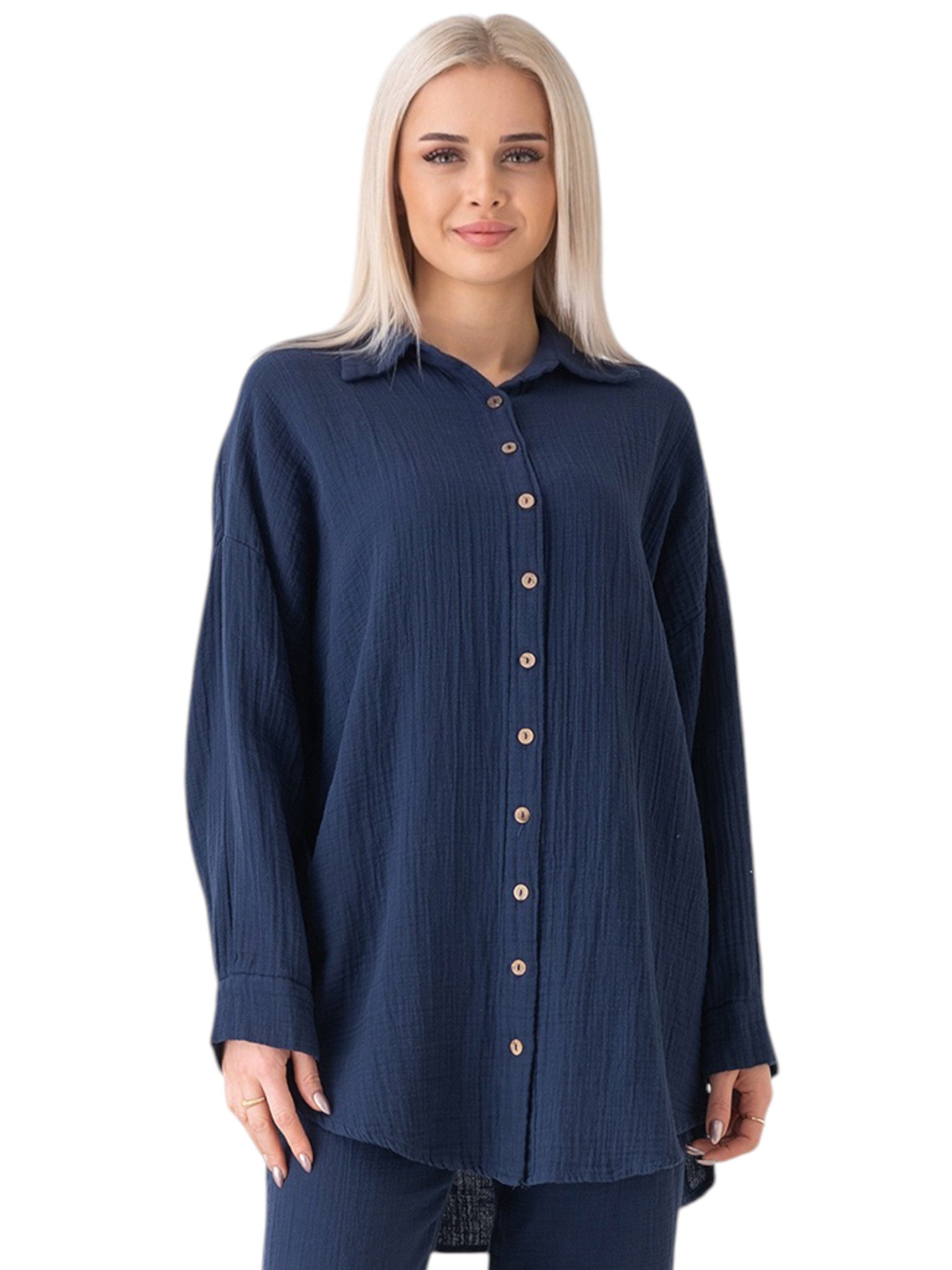 WENOR Hemdbluse Oversize Musselin Hemd 100 % Baumwolle, Kokosknöpfe, Einheitsgröße