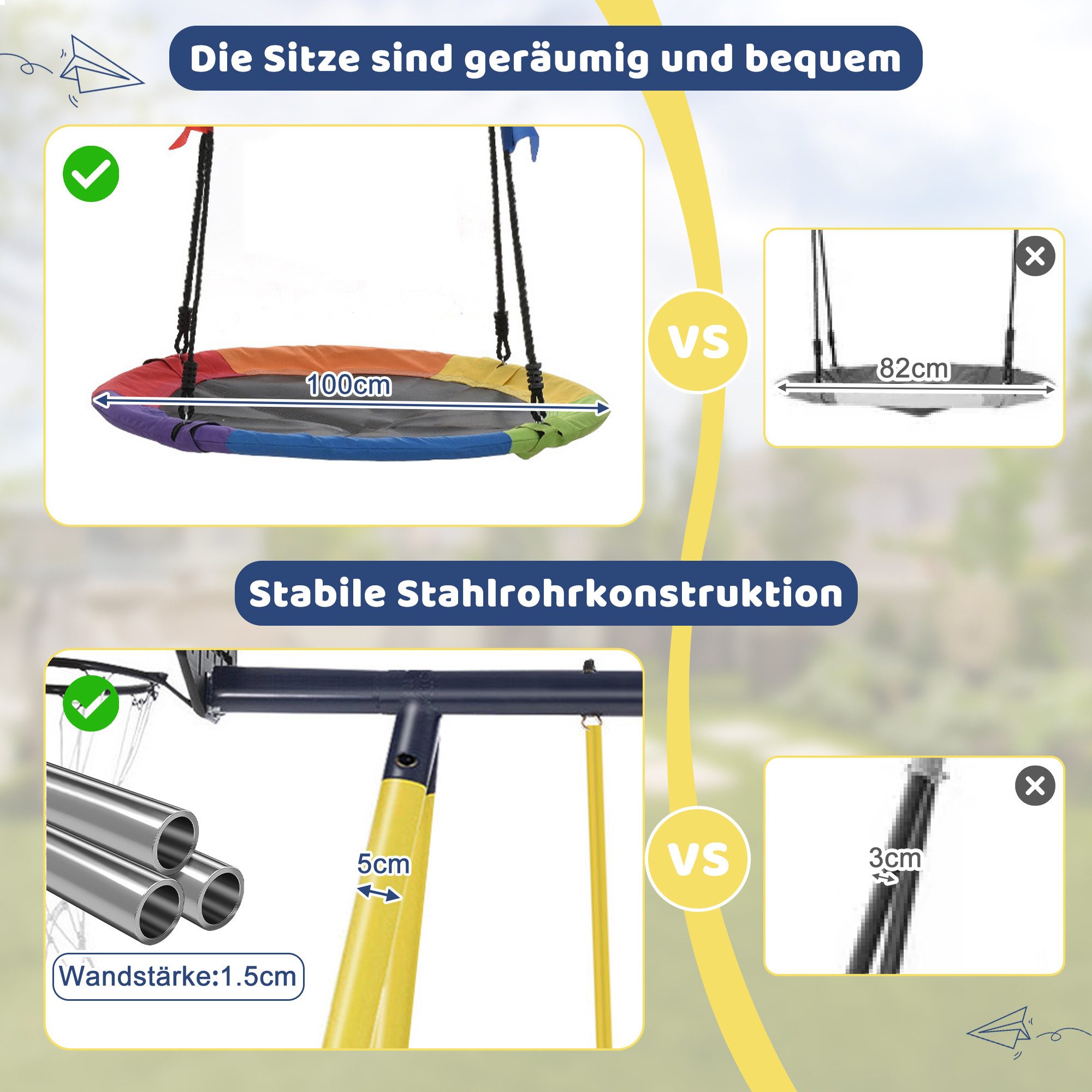 XDeer Doppelschaukel Kinderschaukelset, Nestbaumschaukel aus Kunststoff 3-8 Jahre, Basketball, Basketballständer, Rutsche, Basketballanlage, Gelb