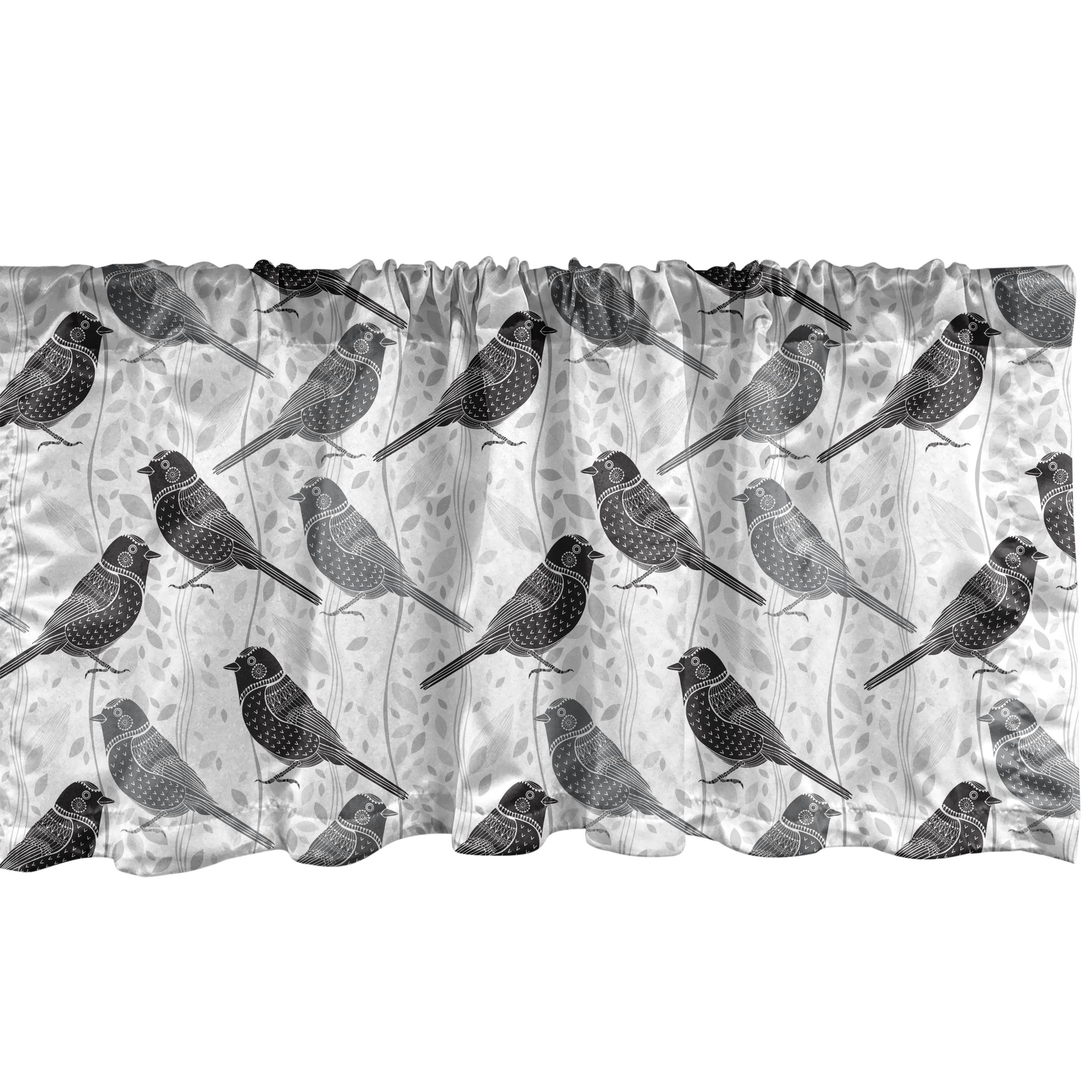 Scheibengardine Vorhang Volant für Küche Schlafzimmer Dekor mit Stangentasche, Abakuhaus, Microfaser, Grau Vögel und Blumenmuster