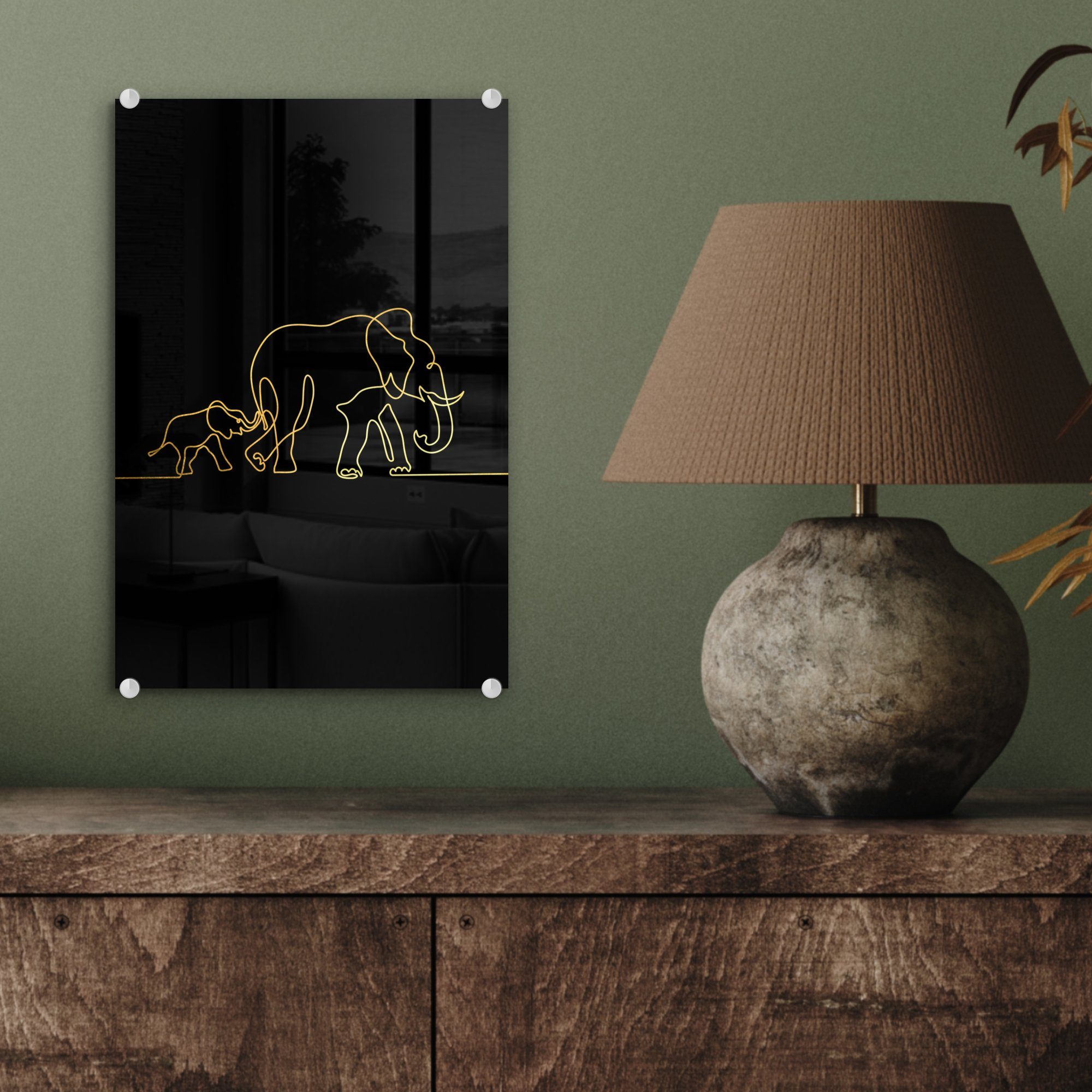 Foto auf Einfach Wandbild Glasbilder - Glas Glas auf Elefant (1 Wanddekoration - - - Gold Schwarz, St), - - MuchoWow Acrylglasbild Bilder