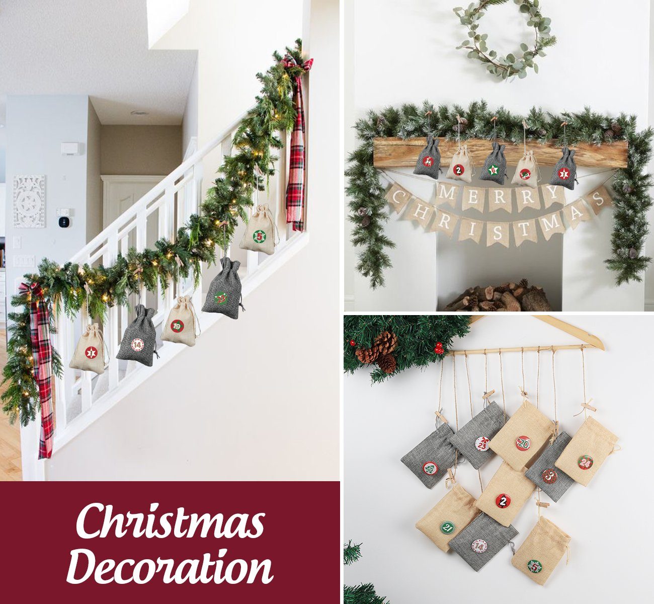 bunten Homewit Christbaumschmuck Beige+Grau Weihnachtskalender (12 beige, + (24-tlg), 24 Stoffbeutel grau) 12 Adventskalendertaschen Adventskalendersäckchen Buttons