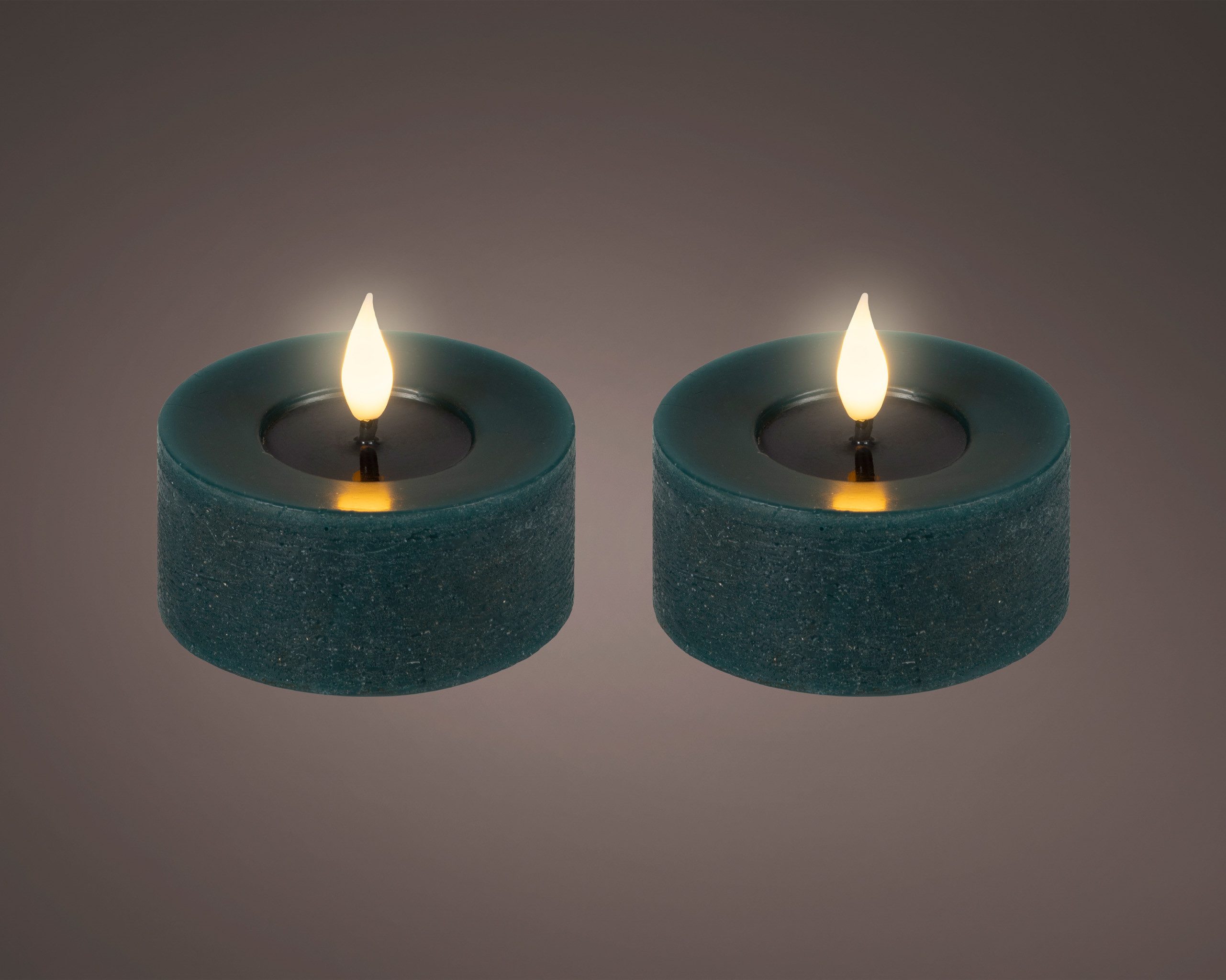 Lumineo LED-Kerze, Timer, warmweiß, LED Kerzen 6x7,5cm mit Timer Wachs 2 Stück - Flacker-Effekt Smaragd