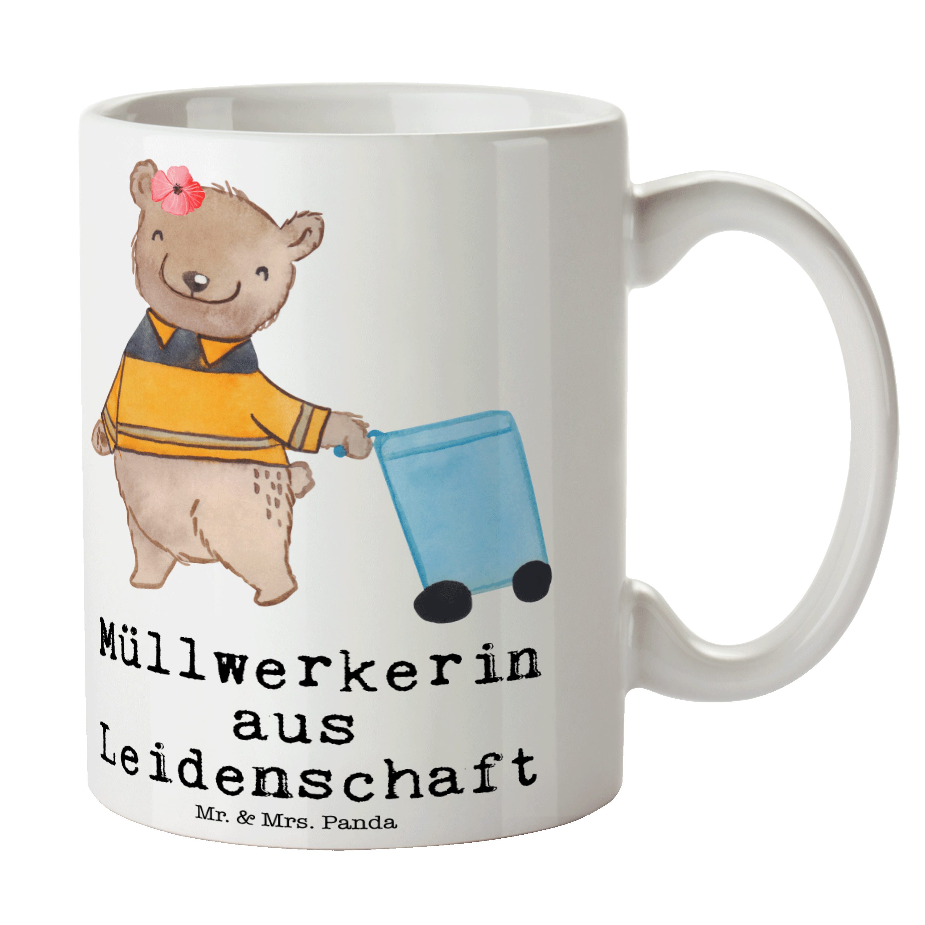 Mr. & Mrs. Panda Tasse Müllwerkerin aus Leidenschaft - Weiß - Geschenk, Jubiläum, Tasse, Kaf, Keramik