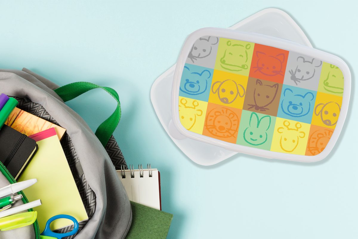 MuchoWow Lunchbox Tiere - Kinder weiß für Muster Kunststoff, Brotdose, Kinder und Mädchen (2-tlg), und Jungs - - Regenbogen, Brotbox für Erwachsene