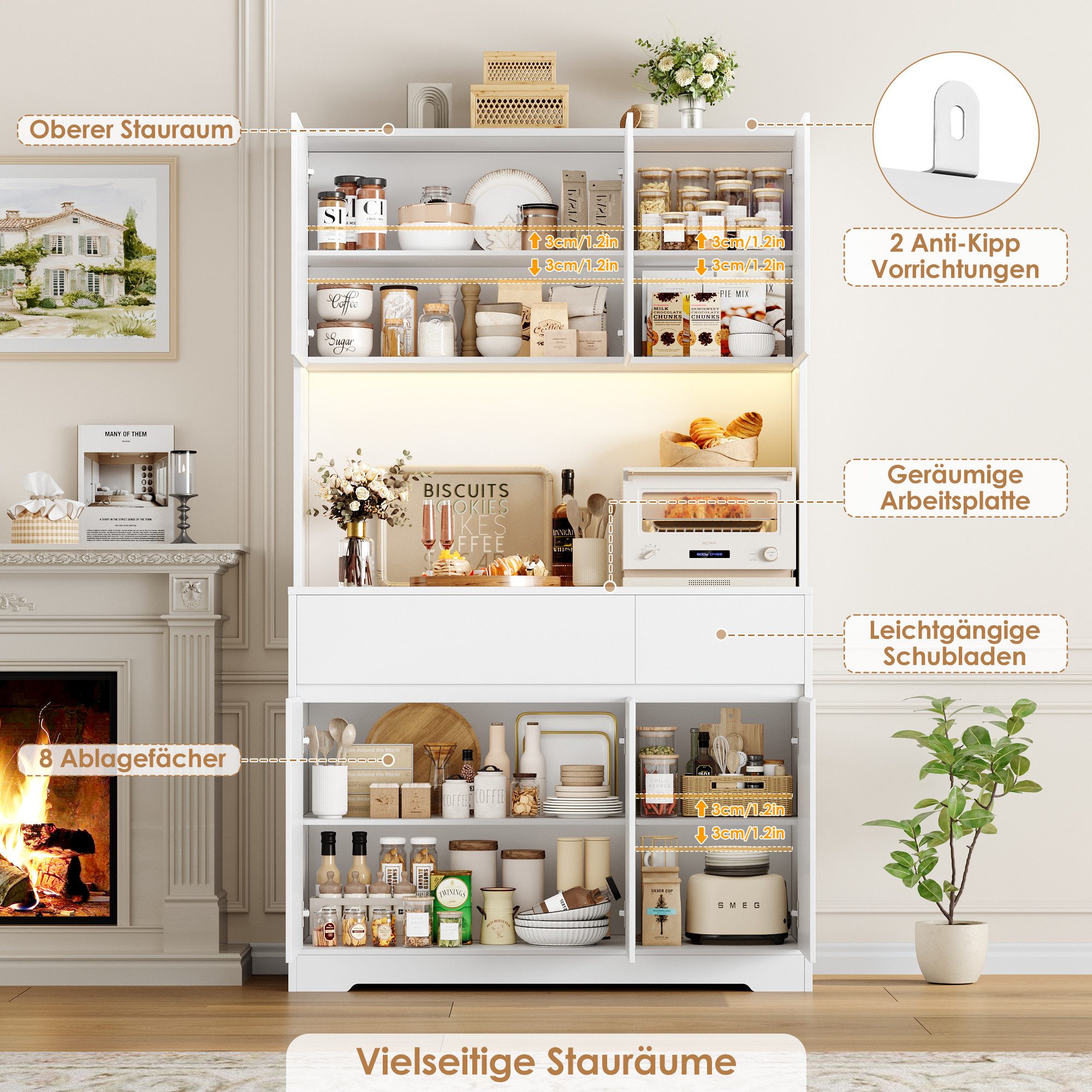 Homfa Küchenbuffet Küchenschrank mit LED Buffetschrank mit Steckdosen Hochschrank mit Arbeitsplatte, 6 Türen und Schubladen