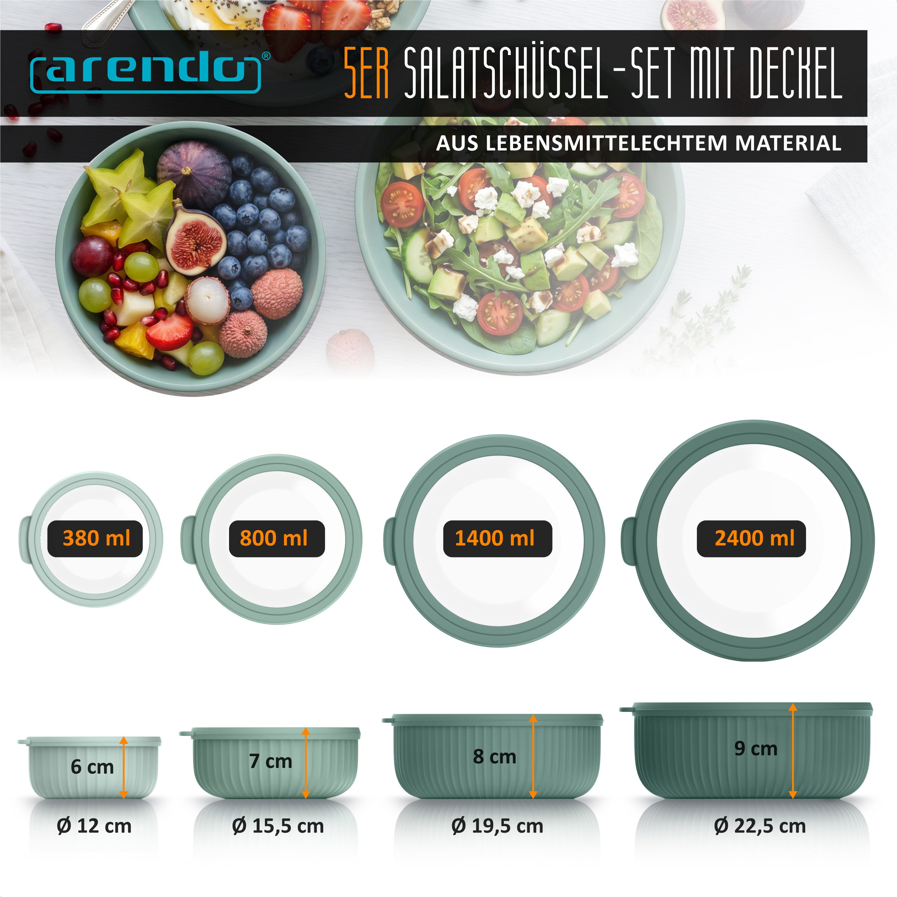 Arendo Salatschüssel 4er Schüssel Set mit Deckel, 0,38 bis 2,4 Liter, Rührschüssel, Kunststoff, (Set, 4-tlg), auslaufsicher, stapelbar, Spülmaschinen & Mikrowellen geeignet