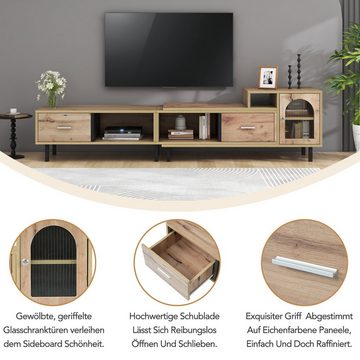 REDOM Lowboard TV-Schrank (TV-Board mit 2 Schubladen und 3 offenen Fächer, Länge verstellbar 200-278cm), TV-Schrank mit Glastür