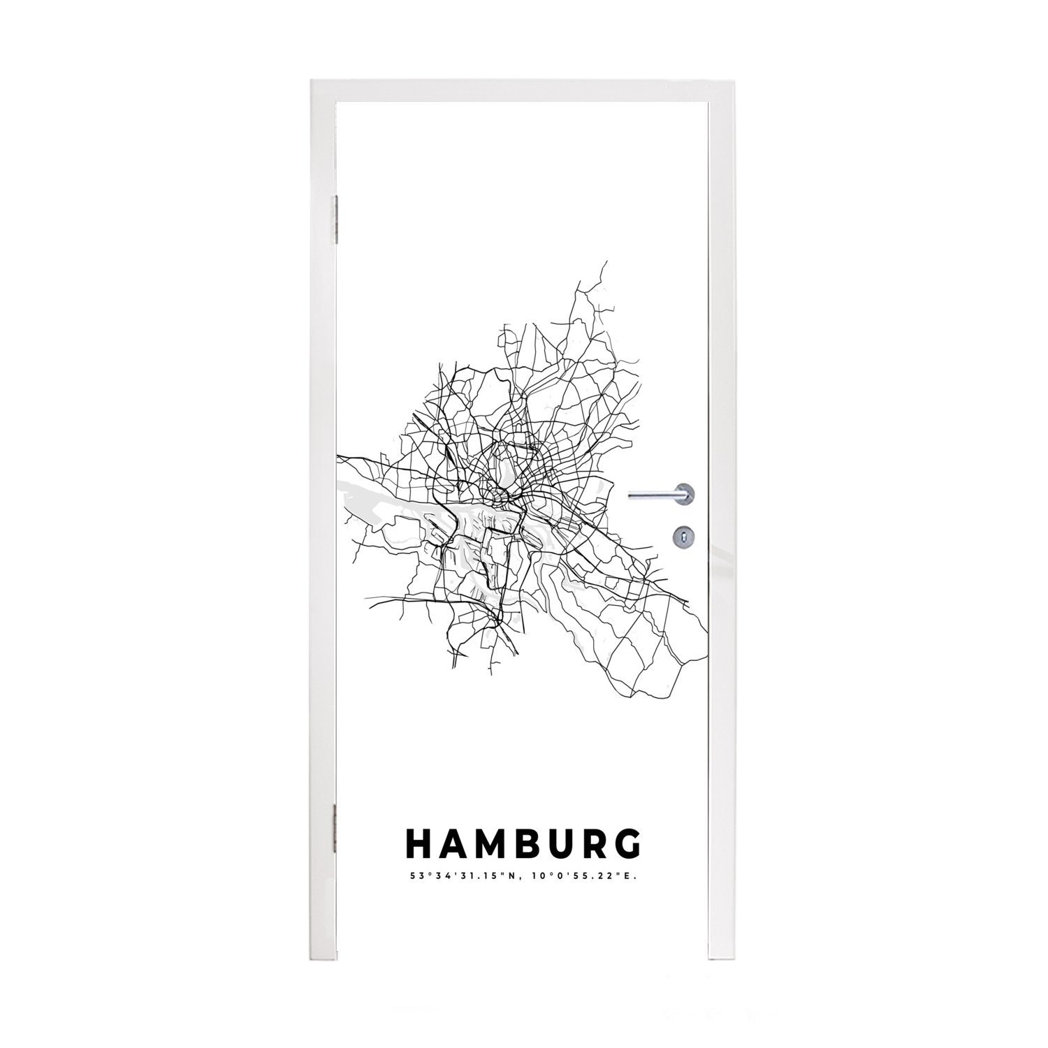 MuchoWow Türtapete Schwarz und weiß - Deutschland - Karte - Stadtplan - Hamburg, Matt, bedruckt, (1 St), Fototapete für Tür, Türaufkleber, 75x205 cm