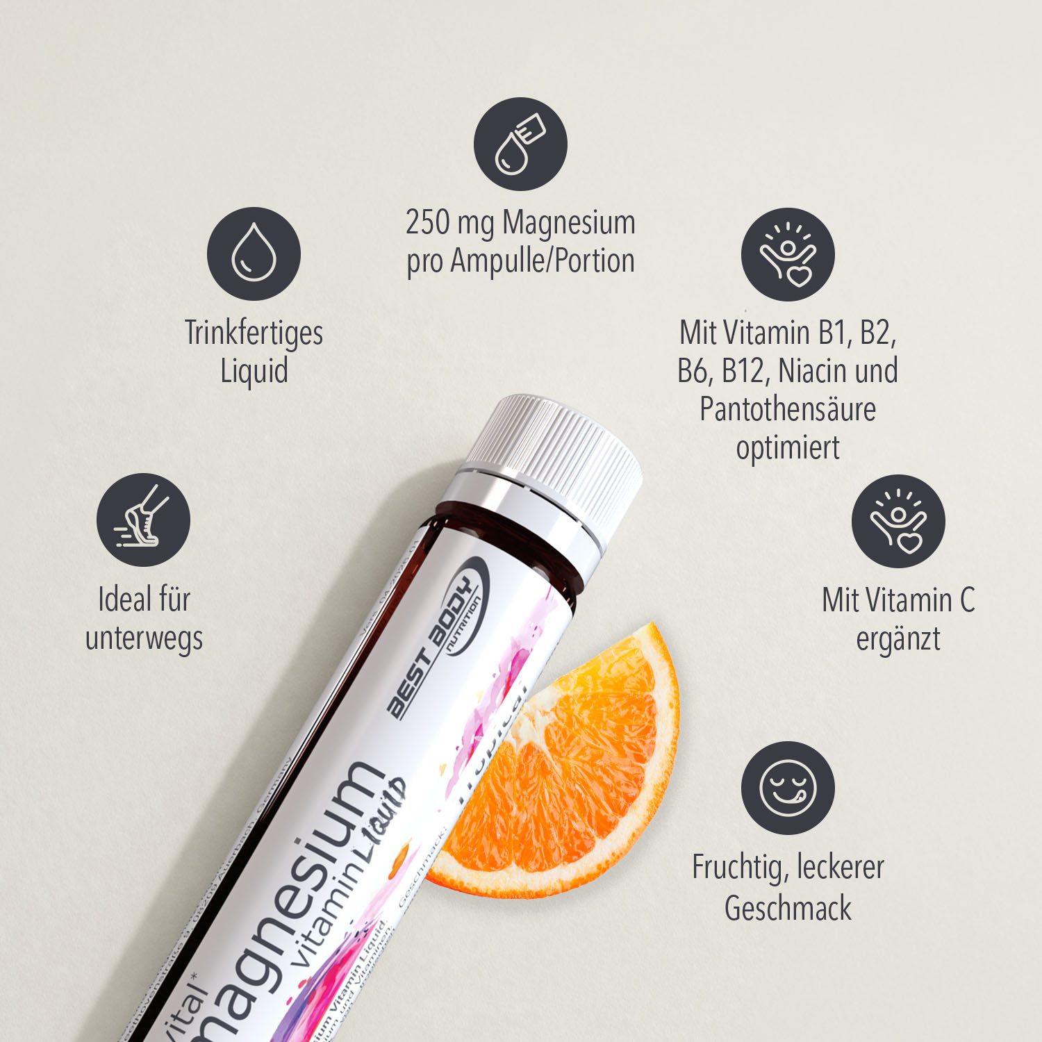 Best Body Nutrition Magnesium Vitamin Ampullen - Tropical - 20 Ampullen à 25 ml Flüssigkeit, Ampulle