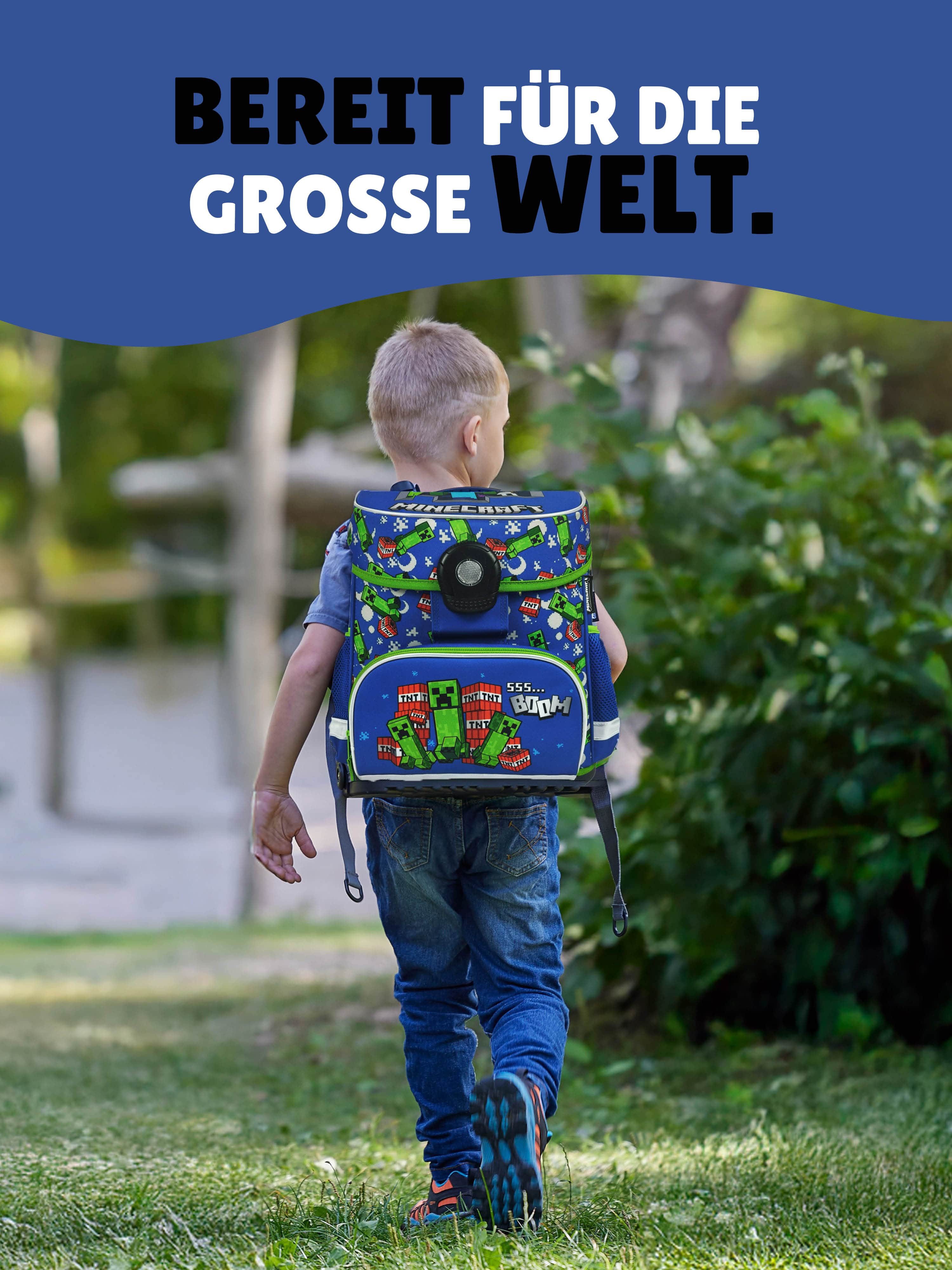 Familando Schulranzen Minecraft 1.-4. Klasse ergonomisch, geräumig, Volumen 18 Liter (Set, 6-tlg., inkl. Federmäppchen und Sporttasche), MINECRAFT Motiv blau
