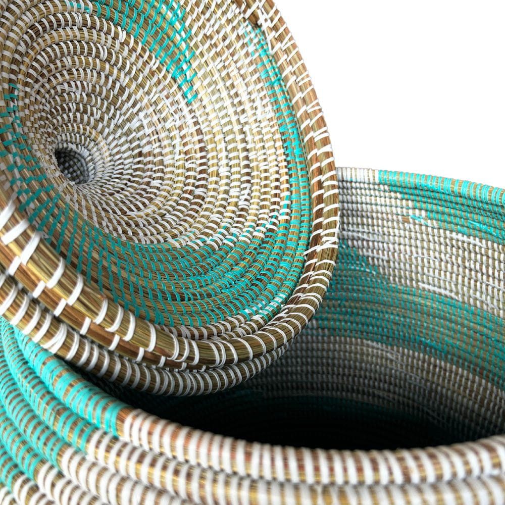 Wäschekorb Wäschekorb Senegal XXL - Zick Zack - Türkis, Handgeflochtener Wäschekorb aus traditionellem Kunsthandwerk