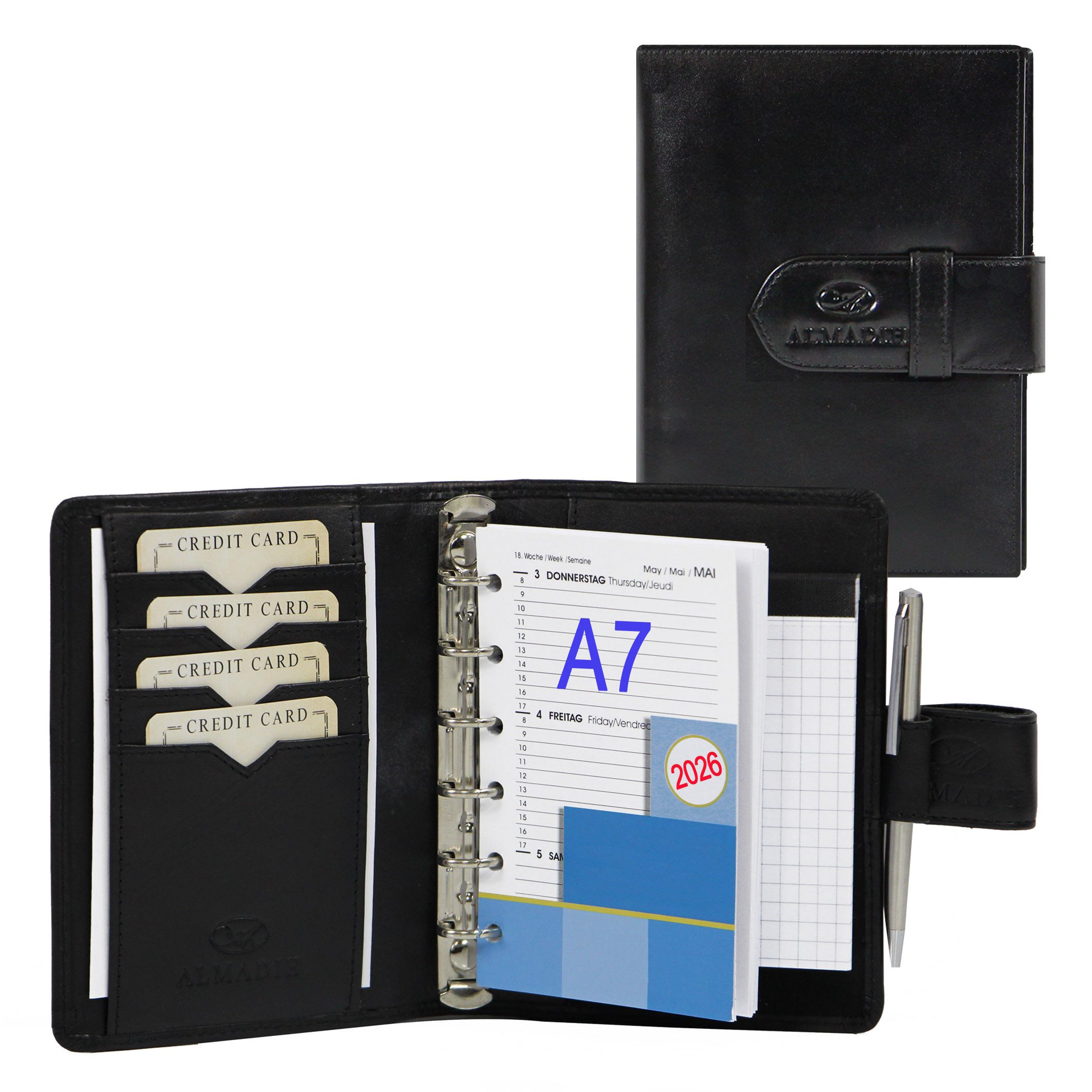 ALMADIH Konferenzmappe Ledermappe A7 Terminplaner Leder Organizer 2026 braun, schwarz