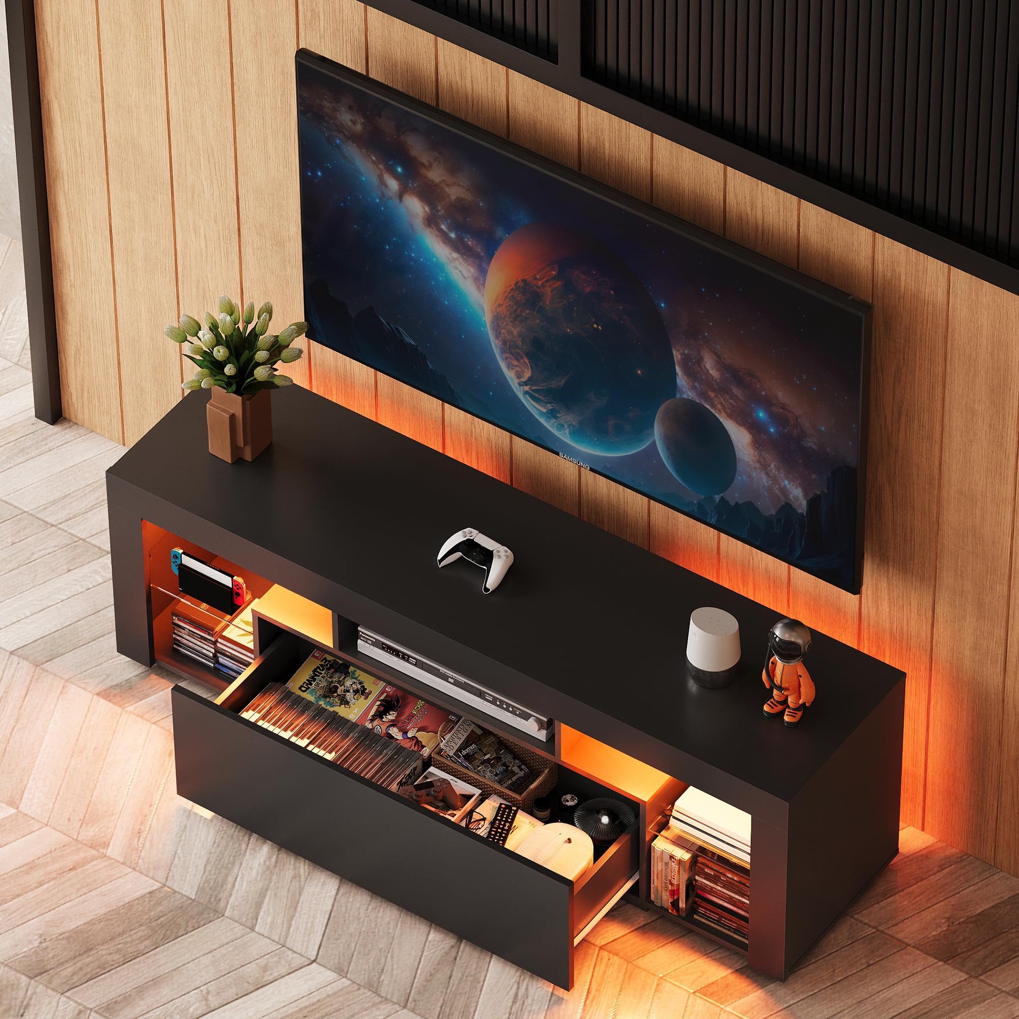 WLIVE Lowboard mit RGB-LED (20 Farben) Glasböden 135 x 45x 35cm (Fernsehtisch mit Schubladen für 50/55/60 Zoll Fernseher), Fernsehschrank für Wohnzimmer Schlafz – Bild 2 von 5