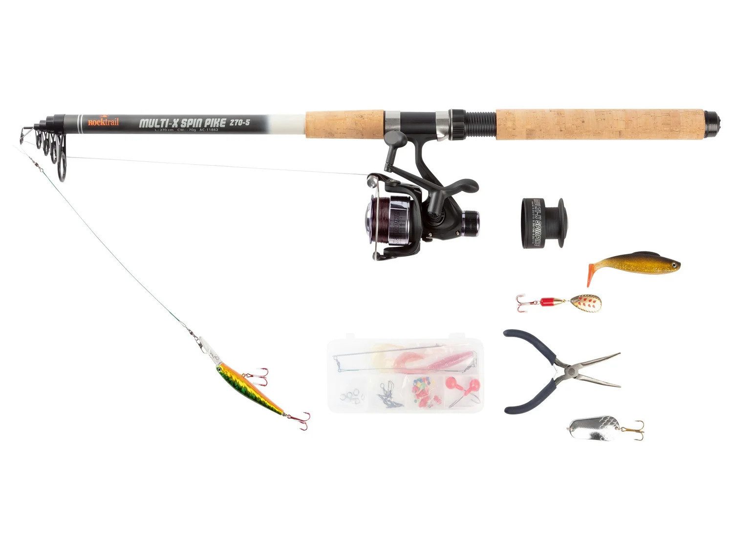 Rocktrail Spinnrute Rocktrail Angel Set Spinnangel 270-5 Hecht & Zander, (Angelset, Komplettset mit Rute Rolle Zubehör Tasche), Angelfertig mit Rolle und Zubehör Set