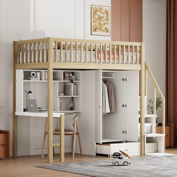 Flieks Hochbett Etagenbett 90x200cm mit Kleiderschrank, Treppe, Schreibtisch und Regal
