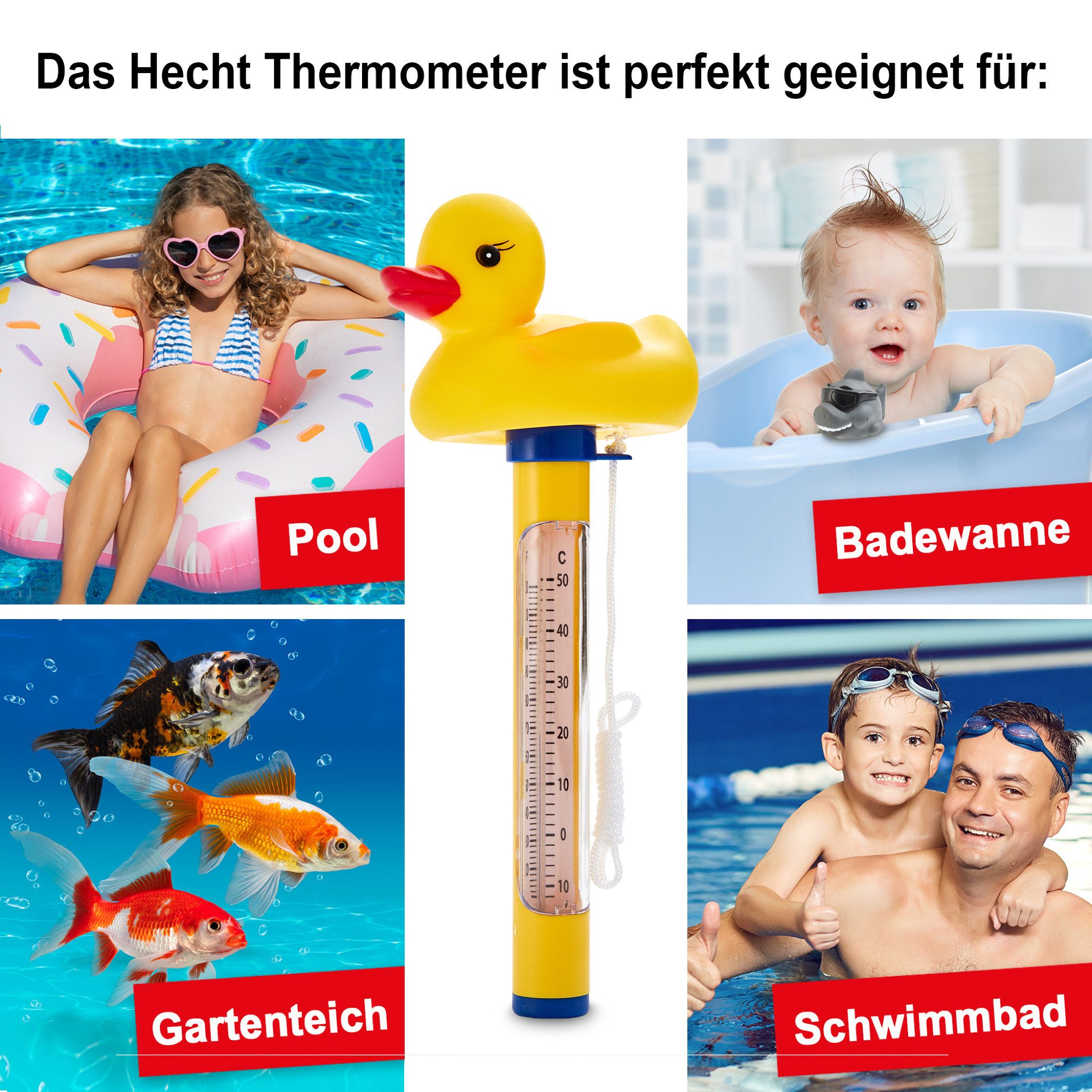 Hecht Badethermometer mit reißfesten Band Celsius 0-50°C, Ideal für Pools, Badewannen, Schwimmbäder und Teiche