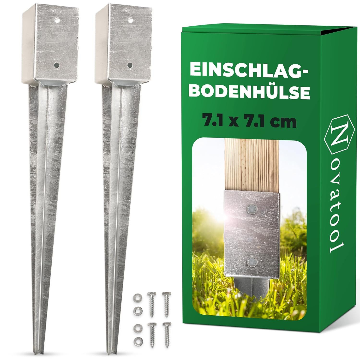 Novatool Einschlag-Bodenhülse 31074-2x, Novatool 2x Einschlagbodenhülsen-Set 71x71x750 mm, Bodenhülse Sonnensc