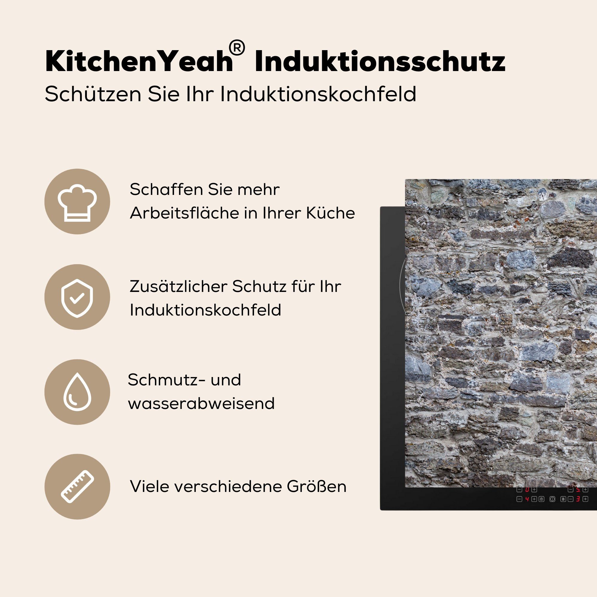 MuchoWow Herdblende-/Abdeckplatte Felsbrocken - Induktionskochfeld, cm, 59x51 Induktionsschutz, Ceranfeldabdeckung Wand, Vintage (1 - tlg), Vinyl