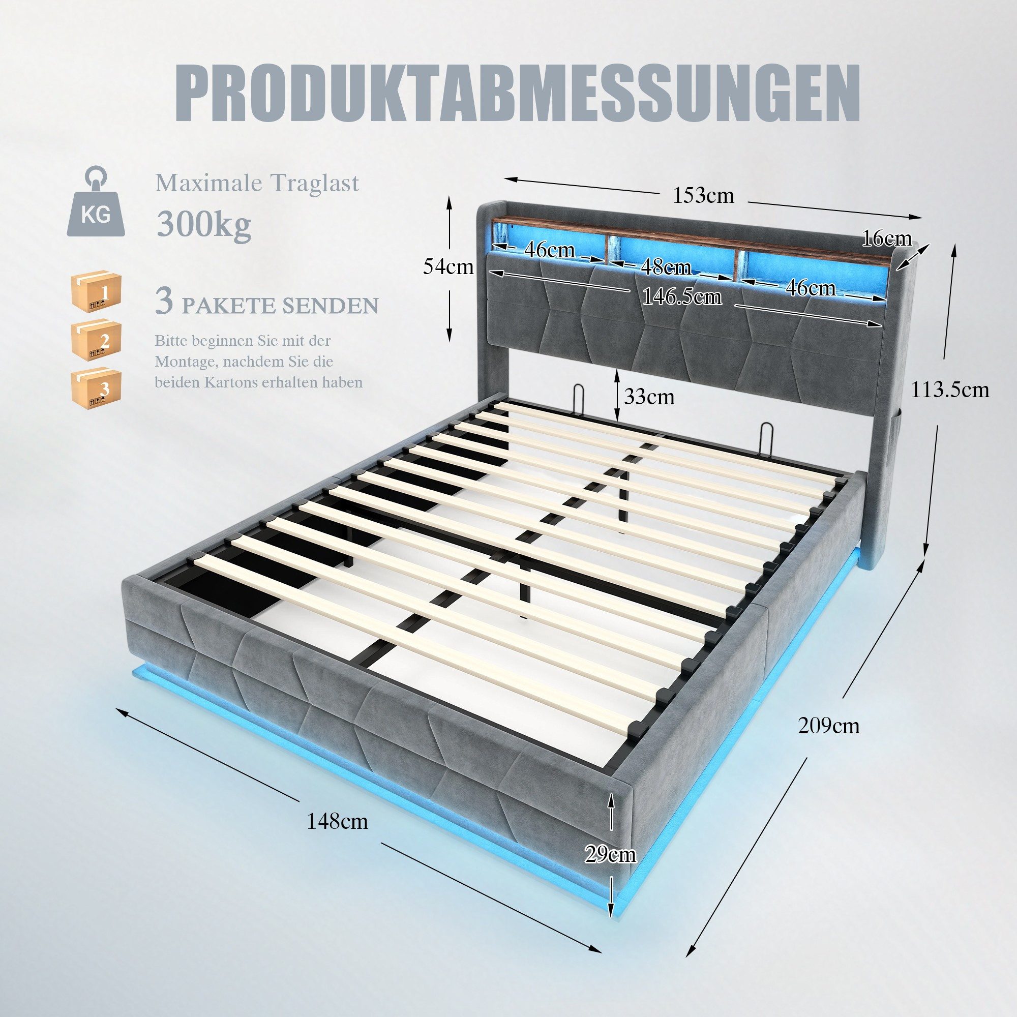 LVHOM Boxbett 140/160x200, 140x190cm, LED-Licht, multifunktionales Kopfteil, USB/-C (Samtstoff, hydraulisches Stausystem, offenes Kopfteil, Seitentaschen für die Fernbedienung, USB-/Typ-C-Ladeanschlüsse, Metallrahmen mit Holzlattenrost, 300 kg Belastbarkeit), Staubschutzhülle, geeignet für verschiedene Schlafzimmer